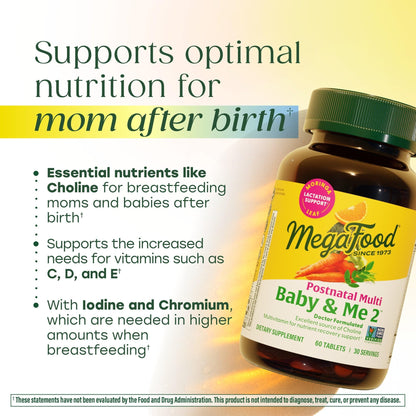 MegaFood Baby & Me 2 Postnatal Vitamins for Women Breastfeeding with Folate (Folic Acid Natural Form), Choline, Iodine, Vitamin D