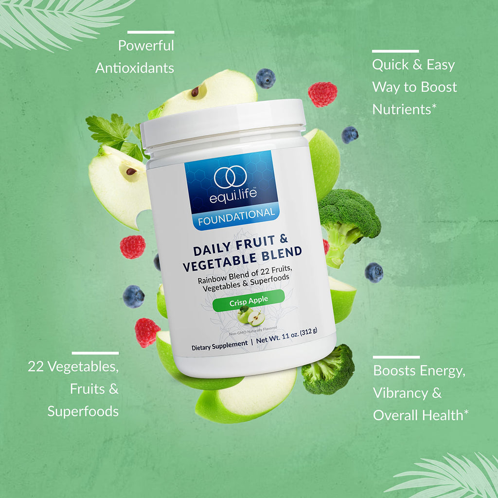 Equilife Daily Fruit & Vegetable Blend, Superfood Antioxidant Supplement, Crisp Apple Flavor with Vitamin C, Fiber, and 9 Essential Amino Acids, Supports Energy, Low Sugar, Vegan, 30 Servings Tub Equilife buy supplements Au