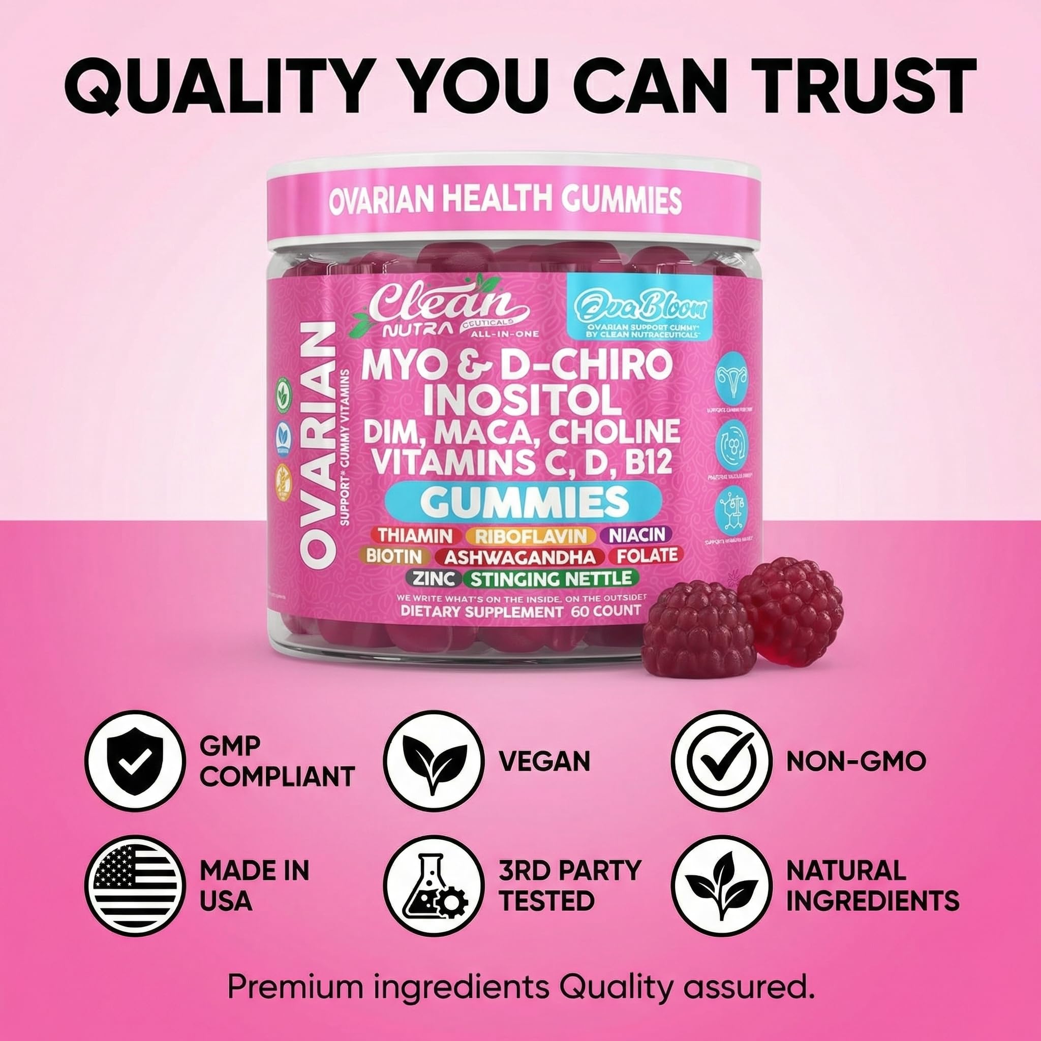 OVA Bloom Ovarian Support Gummies Myo Inositol D-Chiro Inositol Choline Flax Biotin Riboflavin Thiamin Niacin Ashwagandha DIM Maca Root Vitamin C D3 B12 Zinc 60 Count By Clean Nutra Clean NutraceuticalsBuy Supplements Australia