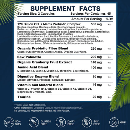 Probiotics for Men Digestive Health, 120 Billion CFUs Mens Probiotic with Digestive Enzymes & Prebiotics & Saw Palmetto & Cranberry for Gut, Prostate & Urinary