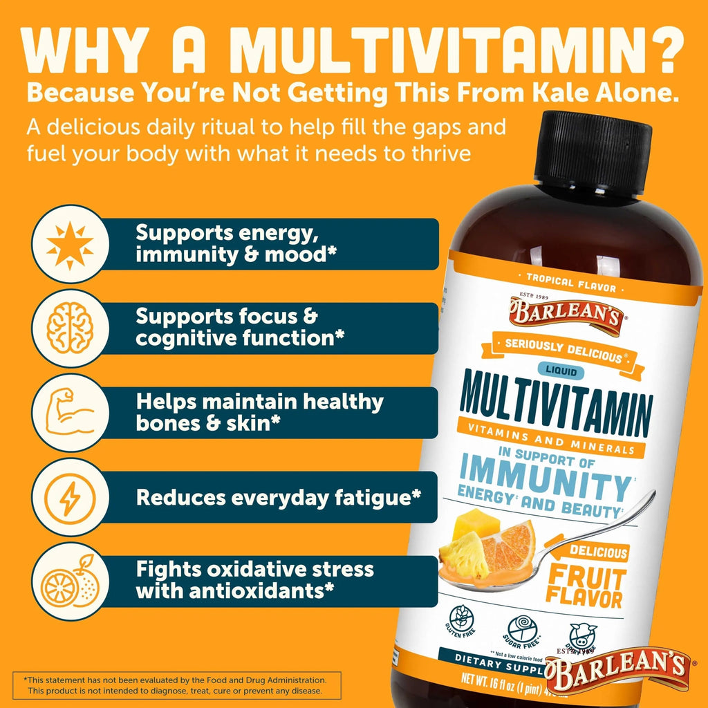 Barlean's Liquid Multivitamin for Women, Men & Kids, 21 Essential Vitamins & Minerals, Includes Biotin, B-Complex Barlean's