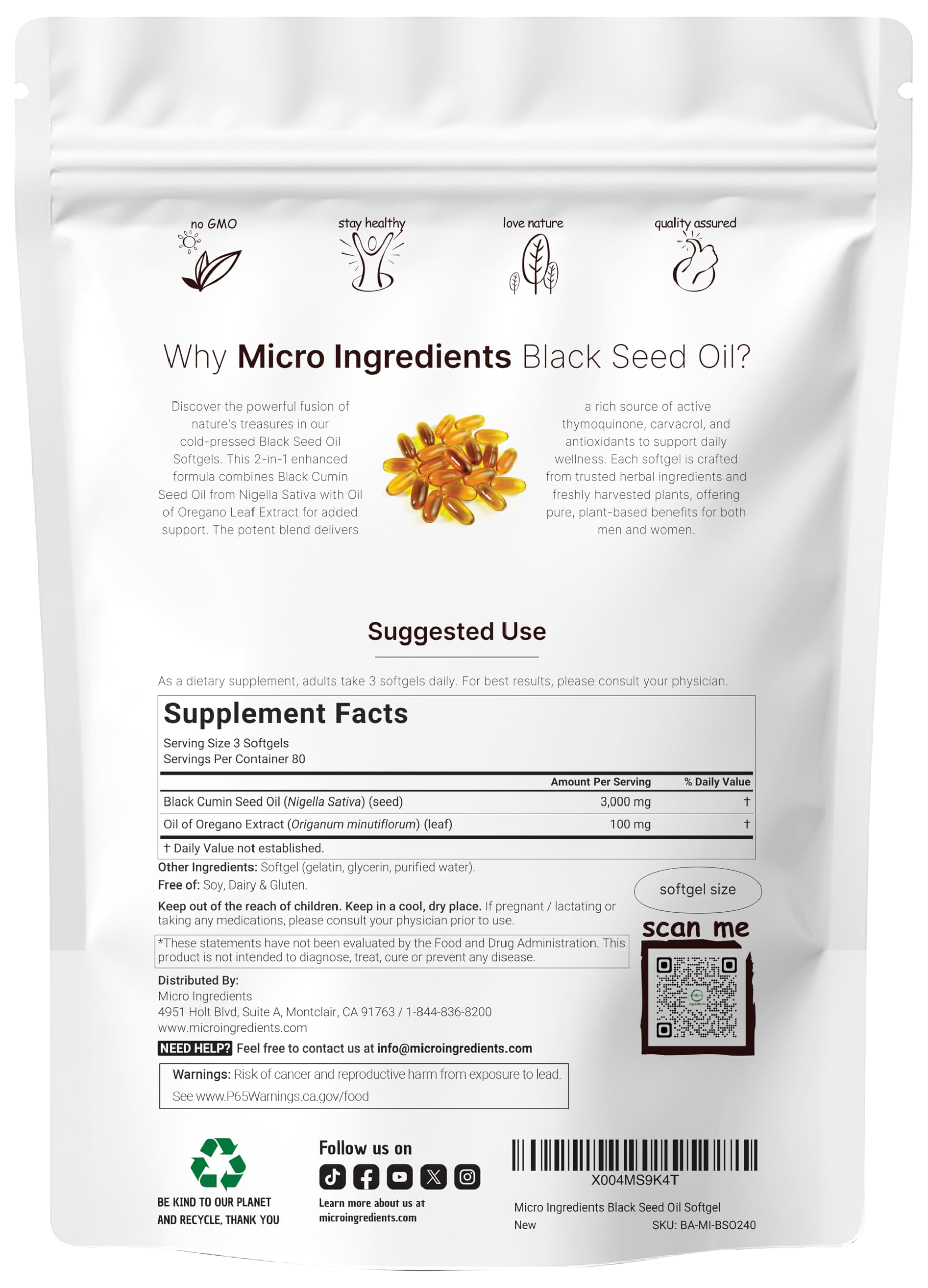 Micro Ingredients Black Seed Oil Softgels, 3,000mg, 240 Count | 2-in-1 Formula with Oil of Oregano, Carvacrol & Thymoquinone |