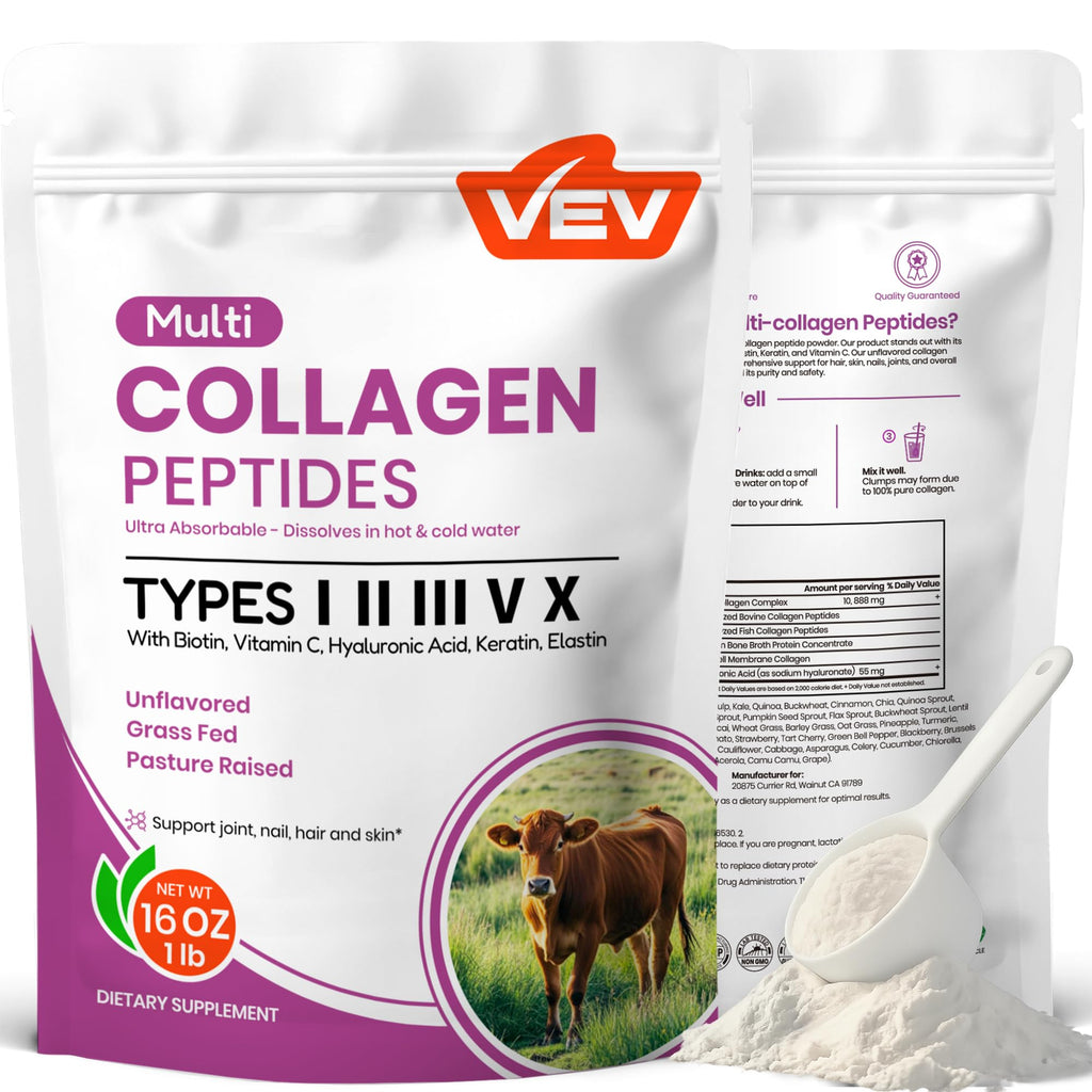 VEV Multi Collagen Peptides Powder, 16 oz (41 Servings) – Type I, II, III, V, X, Hydrolyzed Collagen, Hyaluronic Acid, Biotin, Vitamin C, Supports Skin, Unflavored, Dissolves Easily VEV buy supplements Au