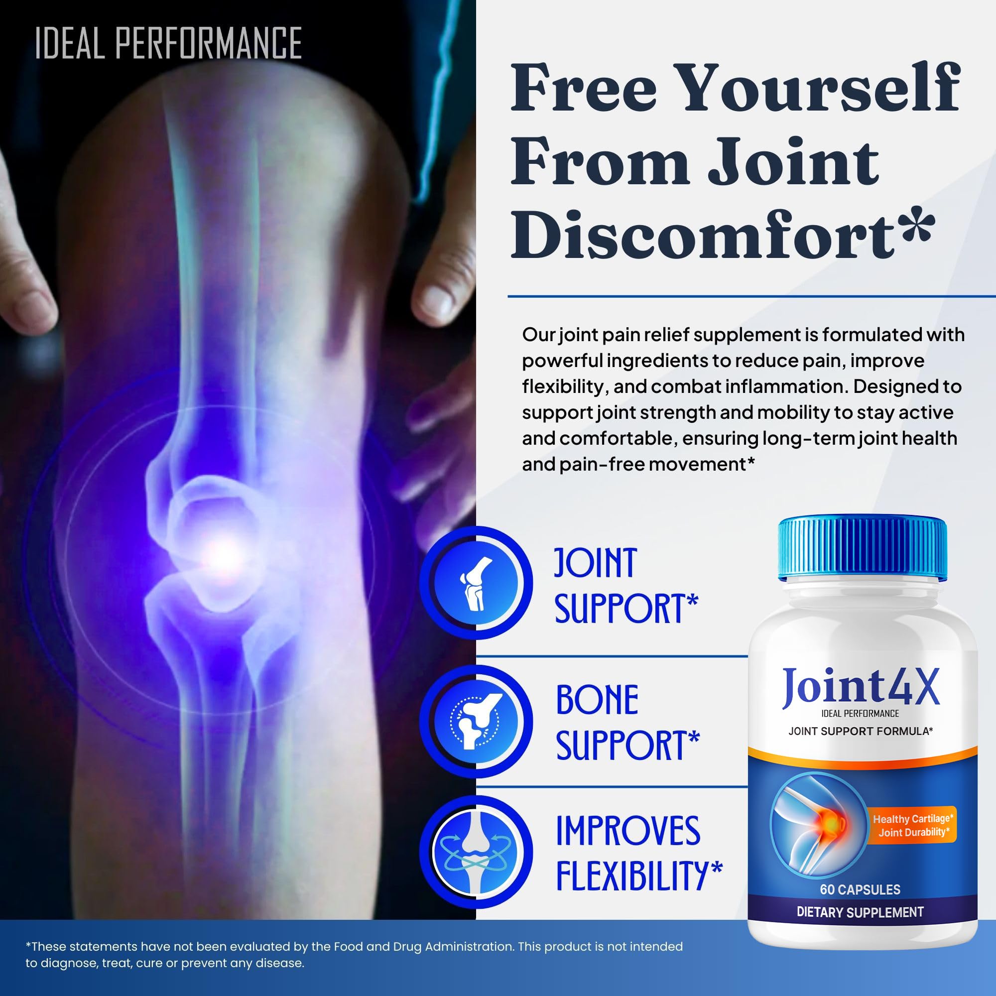 Joint4X Joint Support Capsules, Official Joint-4X Supplement Pills, All-Natural Formula to Fortify Bones and Bolster Flexibility - Maximum Strength, Joint 4X Pills Reviews (60 Capsules) IDEAL PERFORMANCEBuy Supplements Australia