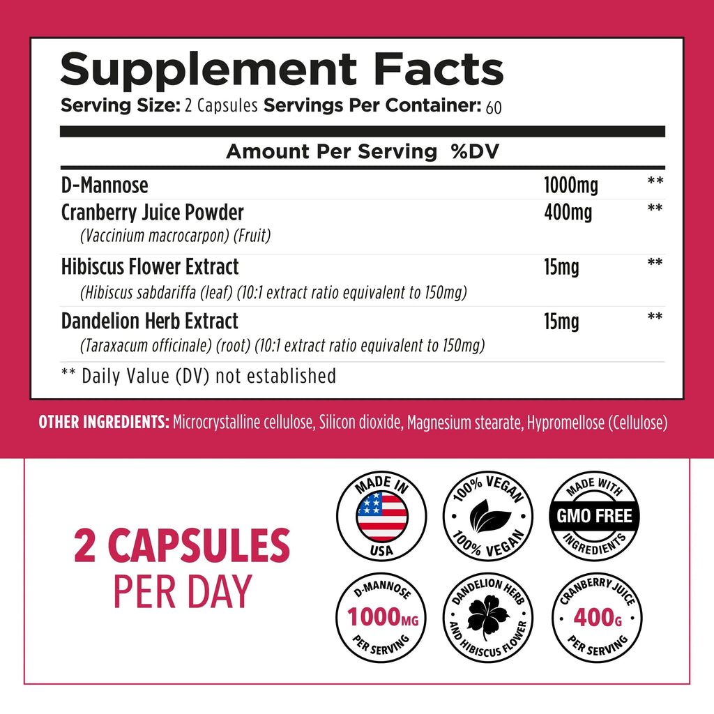 Plantvital D Mannose Capsules with Cranberry - D-mannose 1000mg Capsules - High Potency for Bladder, Kidney and Urinary Tract Support. Cranberry Powder with Hibiscus and Dandelion. 2 Months Supply PlantvitalBuy Supplements Australia