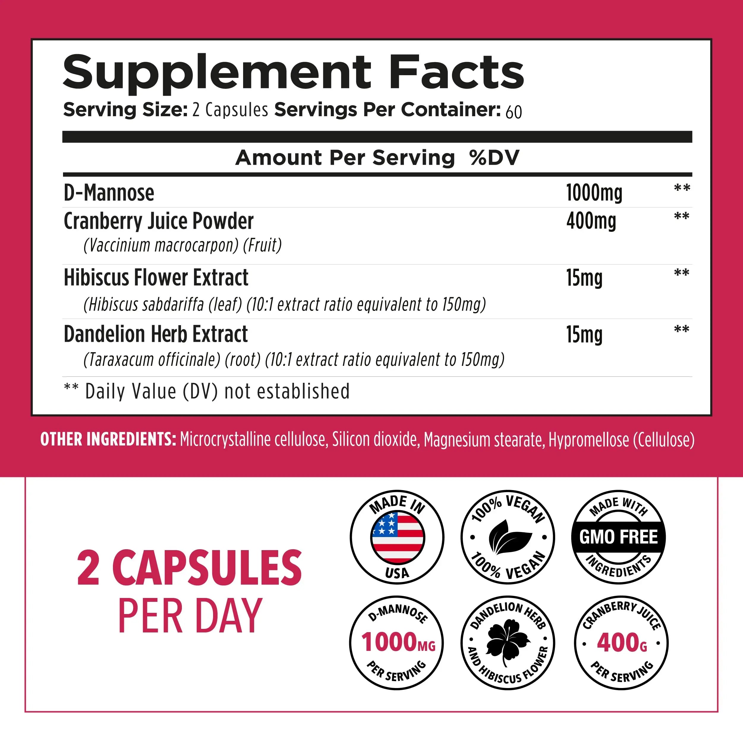 Plantvital D Mannose Capsules with Cranberry - D-mannose 1000mg Capsules - High Potency for Bladder, Kidney and Urinary Tract Support. Cranberry Powder with Hibiscus and Dandelion. 2 Months Supply PlantvitalBuy Supplements Australia
