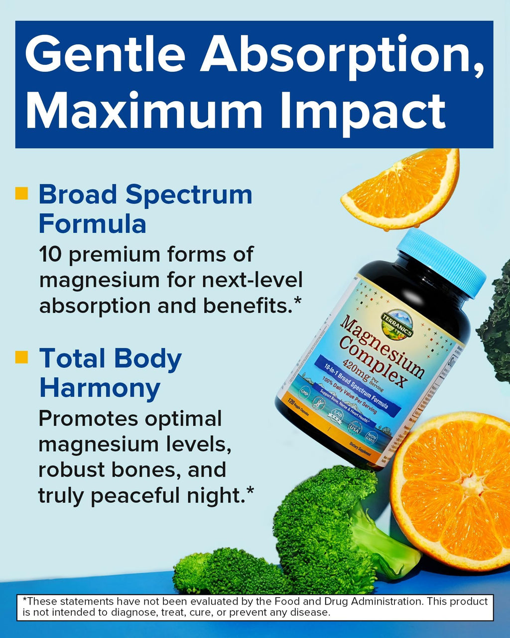 Terranics Magnesium Complex Supplement 420mg, 10-in-1 Full-Spectrum Formula, Glycinate, Citrate, Malate & More, Max Absorption, Bone and Heart Support, 120 Veggie Caps Terranics buy supplements Au