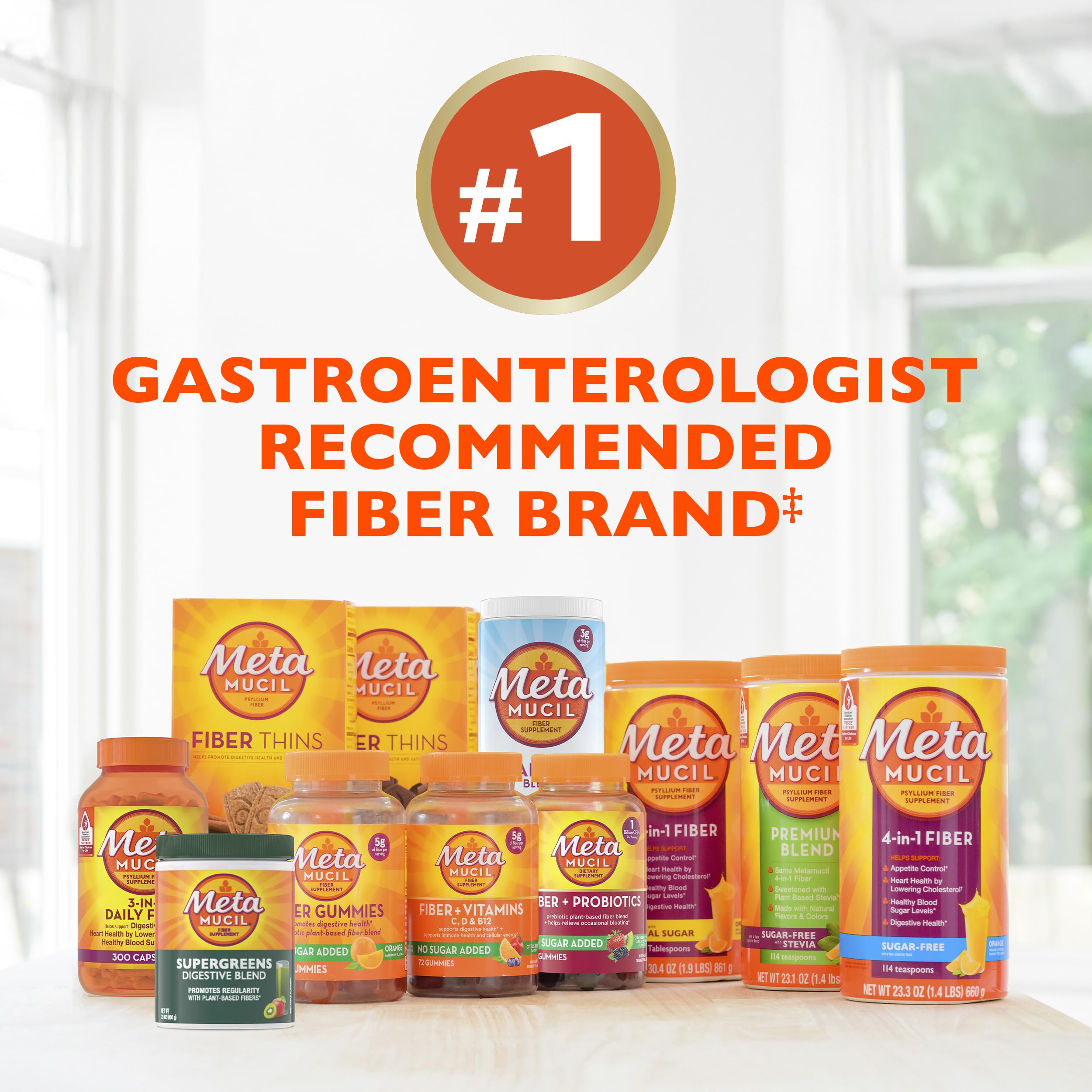 Metamucil 4-in-1 Psyllium Husk Friendly Fiber Supplement, Sugar-Free, 72 teaspoons, Orange Flavored, Daily Fiber Powder for Digestive Health