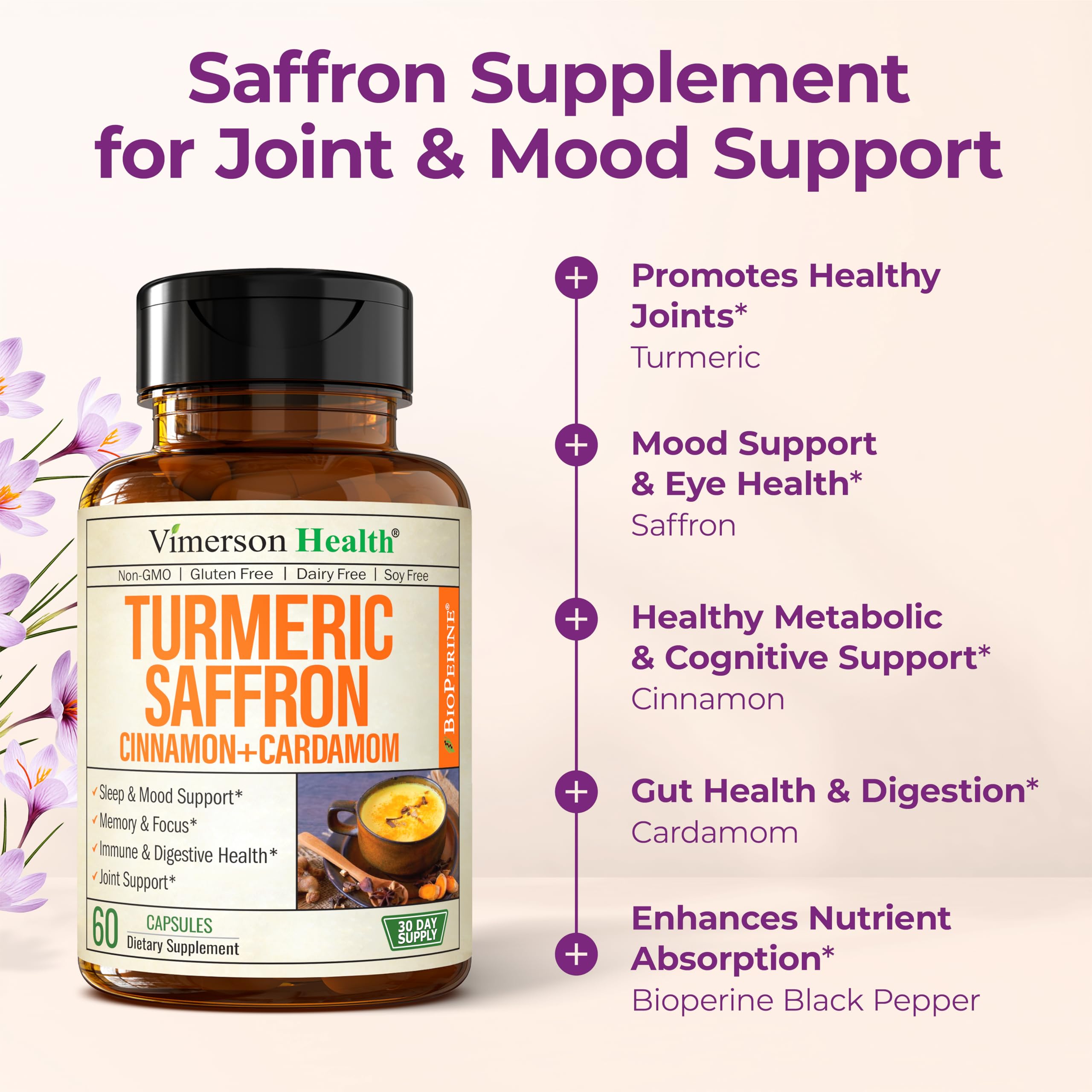 Saffron Supplements – 89mg Saffron Extract, 1000mg Turmeric Curcumin, Ceylon Cinnamon & Cardamom – Daily Mood, Joint & Metabolic Support – Joint Supplements for Women & Men – 60 Capsules Vimerson HealthBuy Supplements Australia