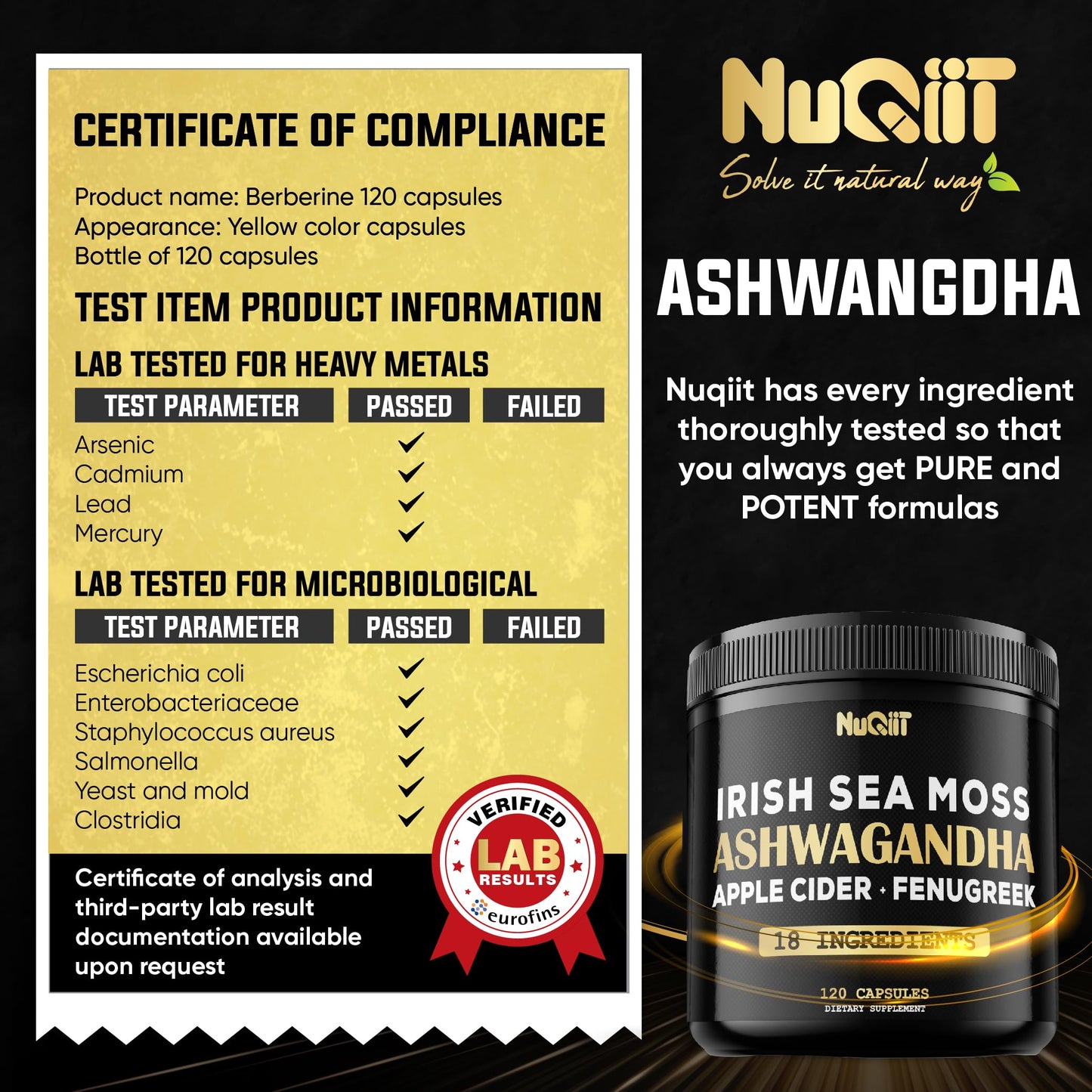 NUQIIT Organic Ashwangdha Capsules 15000mg Irish Sea Moss Apple Cider Vinegar & More - Support Brain Health, Strength & Immune System - 120 Vegan Capsules NUQIIT buy supplements Au