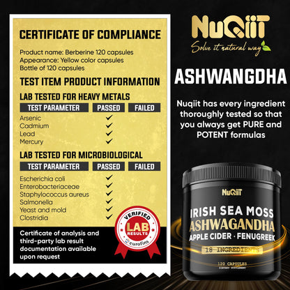 NUQIIT Organic Ashwangdha Capsules 15000mg Irish Sea Moss Apple Cider Vinegar & More - Support Brain Health, Strength & Immune System - 120 Vegan Capsules NUQIIT buy supplements Au
