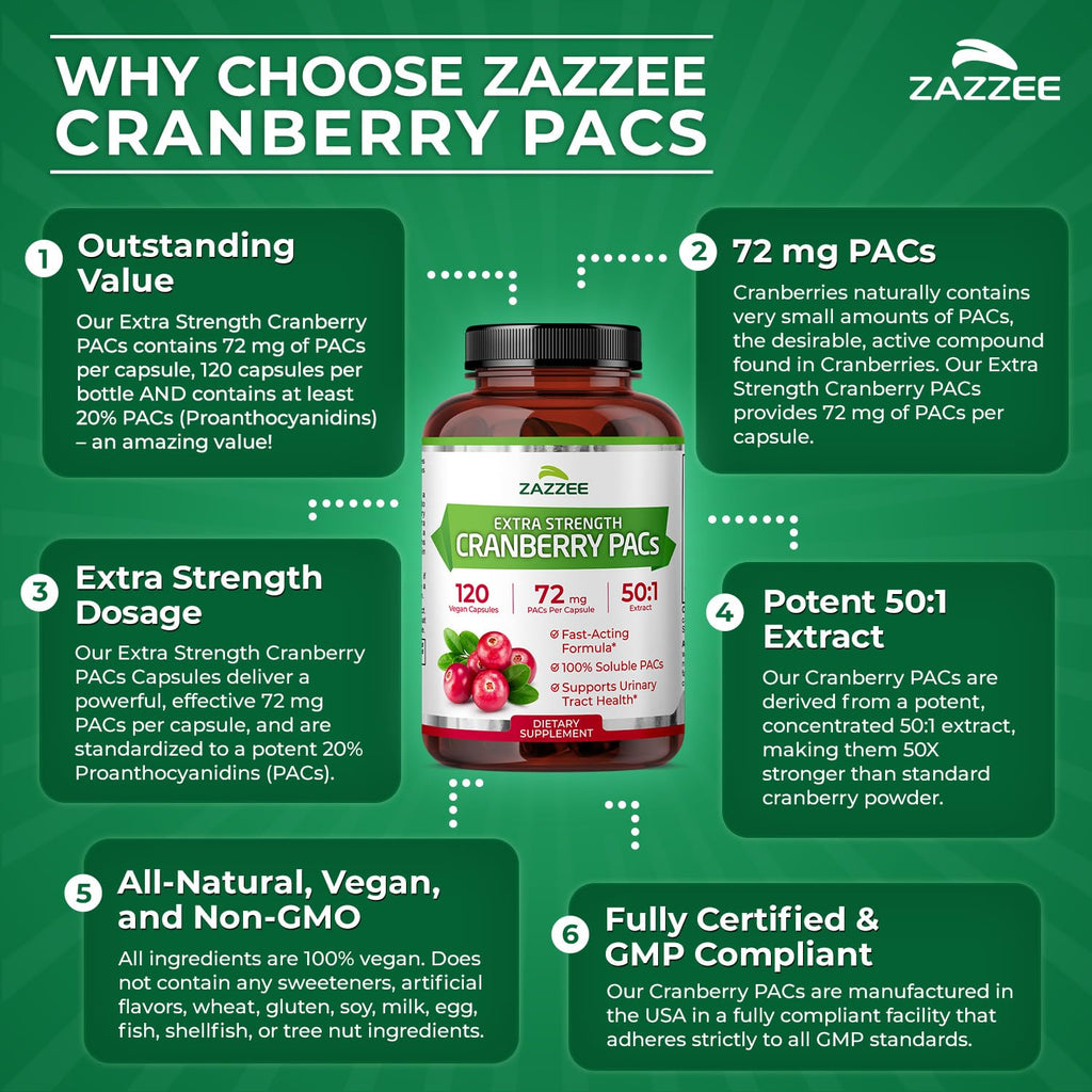 Zazzee Cranberry PACs 72 mg per Capsule, 50:1 Extract, 120 Vegan Capsules, 2X Strength, 4 Month Supply, Fast-Acting, Effective Urinary Tract & Bladder Support