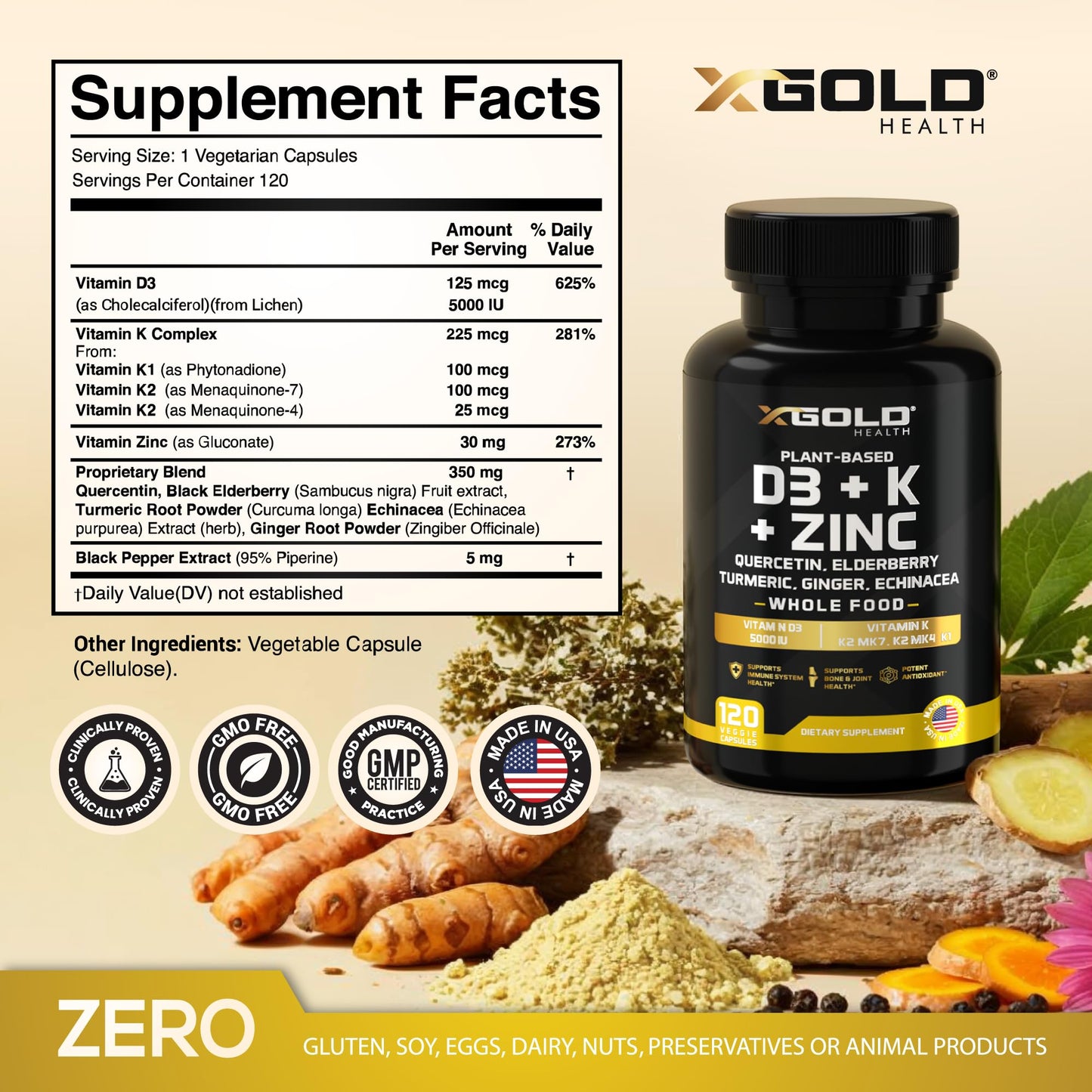 Vitamin D, K2, K1, Zinc, Quercetin, Elderberry, Turmeric, Ginger & Echinacea Whole Food Supplement 8 in 1- D3 5000 IU Plant-Based from Lichen, Vitamin K (K2 MK7, MK4, K1), D3 K2 Vitamins -120 Capsules X Gold Health buy supplements Au