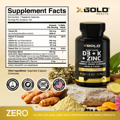 Vitamin D, K2, K1, Zinc, Quercetin, Elderberry, Turmeric, Ginger & Echinacea Whole Food Supplement 8 in 1- D3 5000 IU Plant-Based from Lichen, Vitamin K (K2 MK7, MK4, K1), D3 K2 Vitamins -120 Capsules X Gold Health buy supplements Au