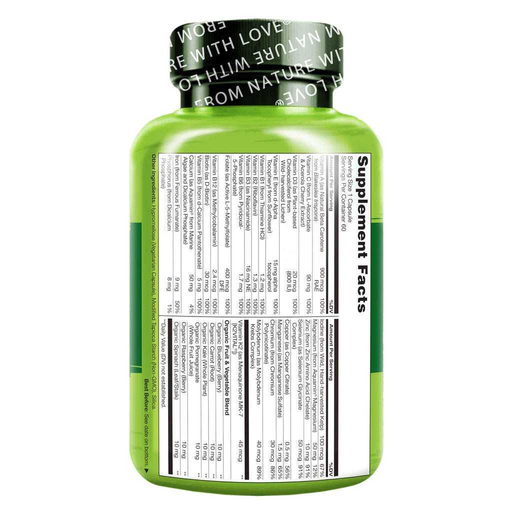 NATURELO One Daily Multivitamin for Women w/Vitamin B12, 60 Ct, Energy Support, Whole Food Daily Women Multivitamin Supplement, Nourish Hair/Skin/Nail, Non-GMO