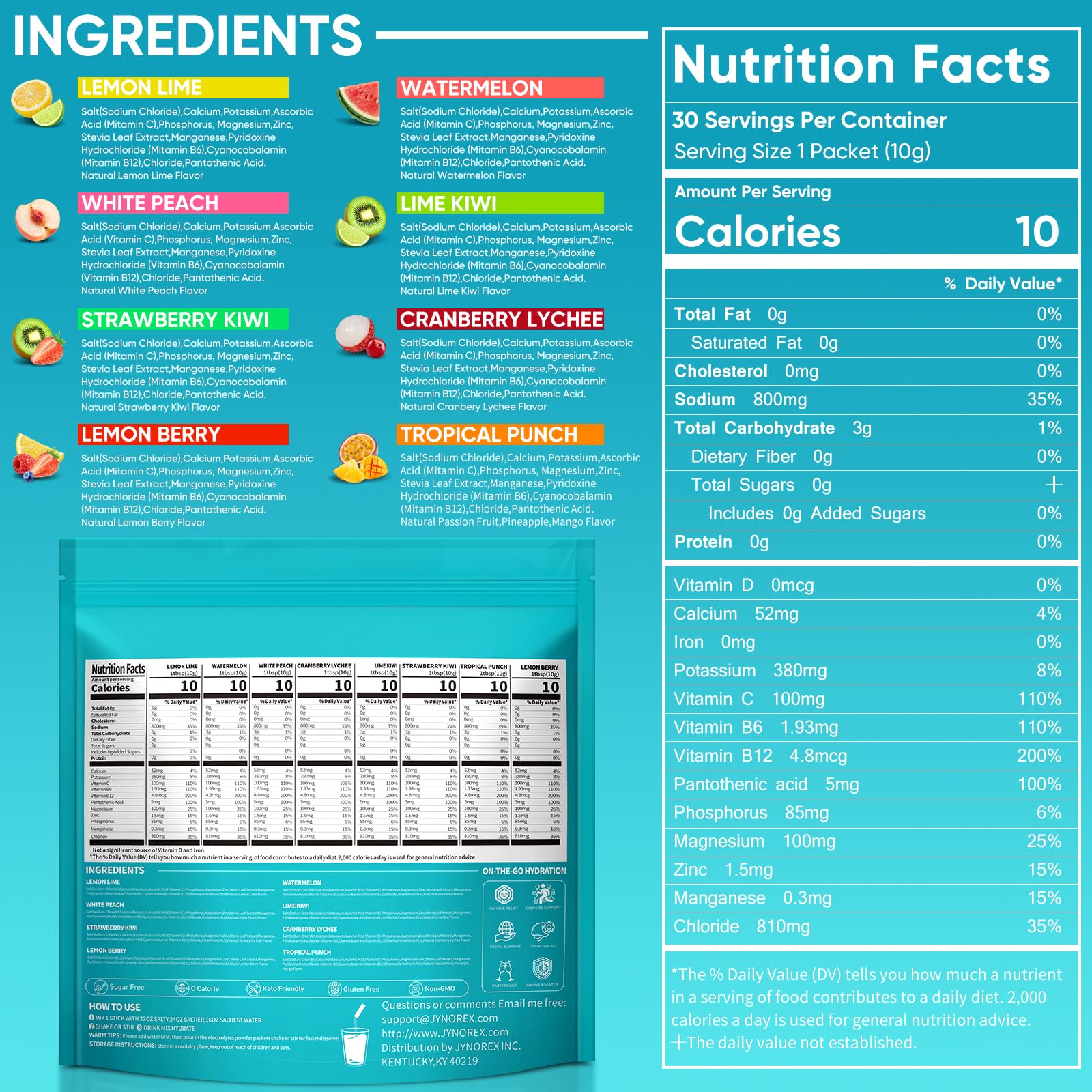 JYNOREX Electrolytes Powder Packets Sugar Free, 30 Sticks High Sodium Hydration Packets, Electrolyte Drink Mix with Lemon Lime Watermelon Peach Berry Kiwi
