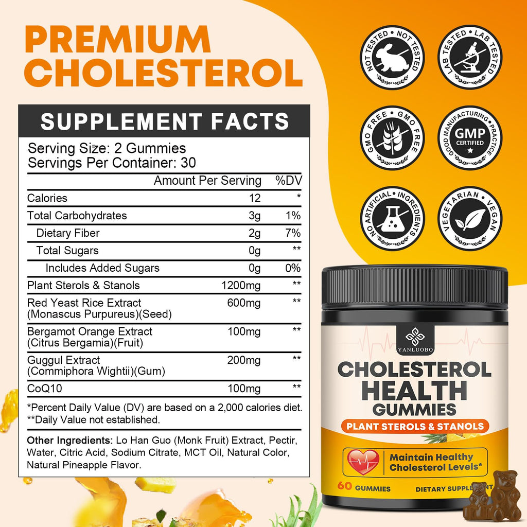Cholesterol Supplements with 1200mg Plant Sterols & Stanols, Guggul, Bergamot, Red Yeast Rice, Cholesterol Complex Gummies Support Healthy Cholesterol Levels, Pineapple Flavor, 60 Counts YANLUOBOBuy Supplements Australia