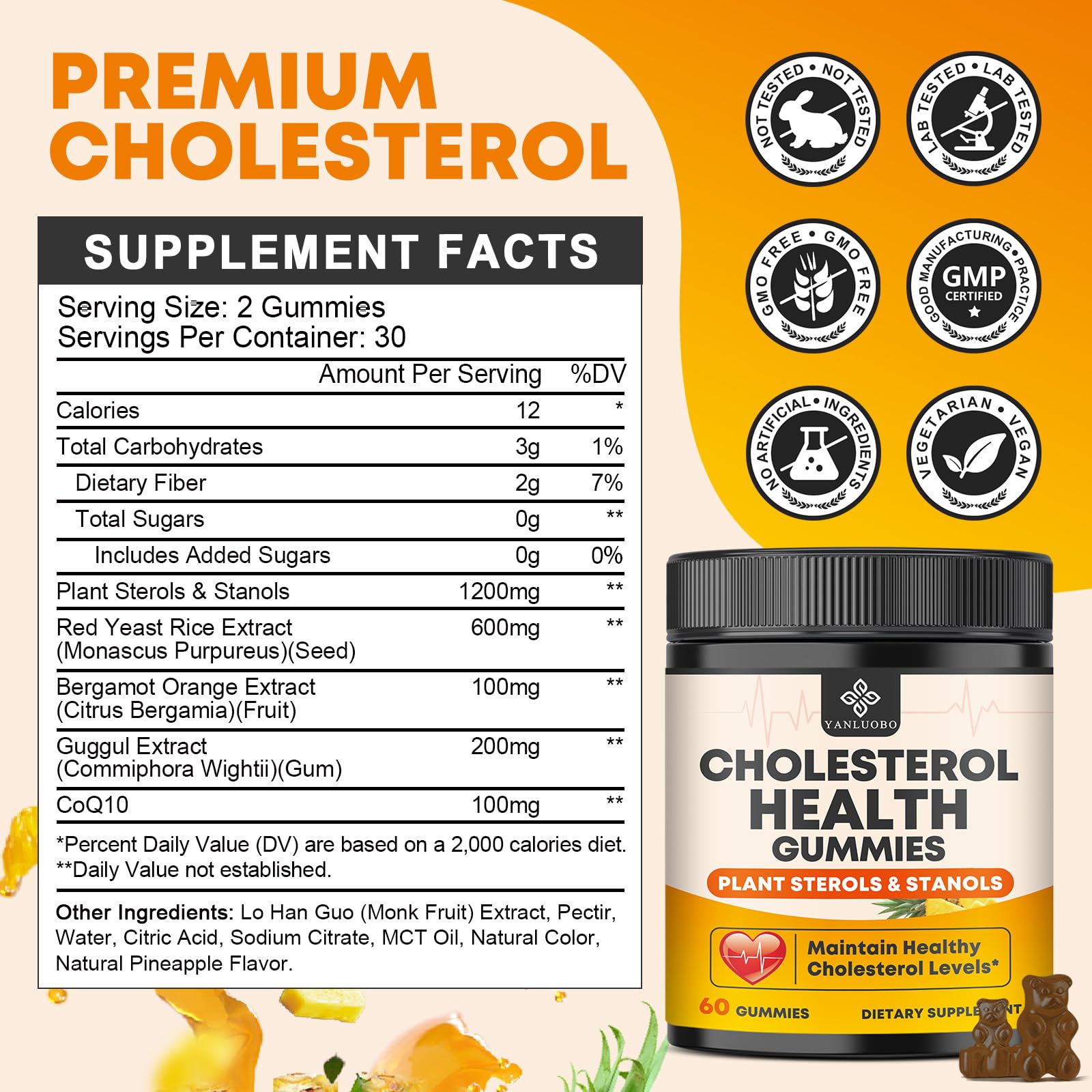 Cholesterol Supplements with 1200mg Plant Sterols & Stanols, Guggul, Bergamot, Red Yeast Rice, Cholesterol Complex Gummies Support Healthy Cholesterol Levels, Pineapple Flavor, 60 Counts YANLUOBOBuy Supplements Australia