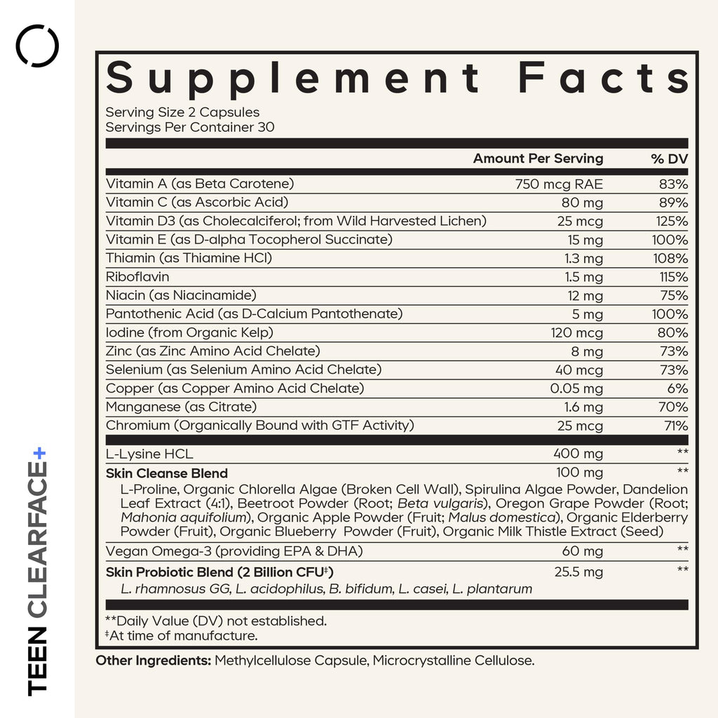 Codeage Teen Clearface Adolescent Face, Skin & Pimples, Vitamins A, C, D3, E, Pantothenic Acid, Niacin, Zinc Supplement Teenagers, Probiotics, L-Lysine, Omega-3, Oily Skin, Pores, Spots - 60 Capsules CodeageBuy Supplements Australia