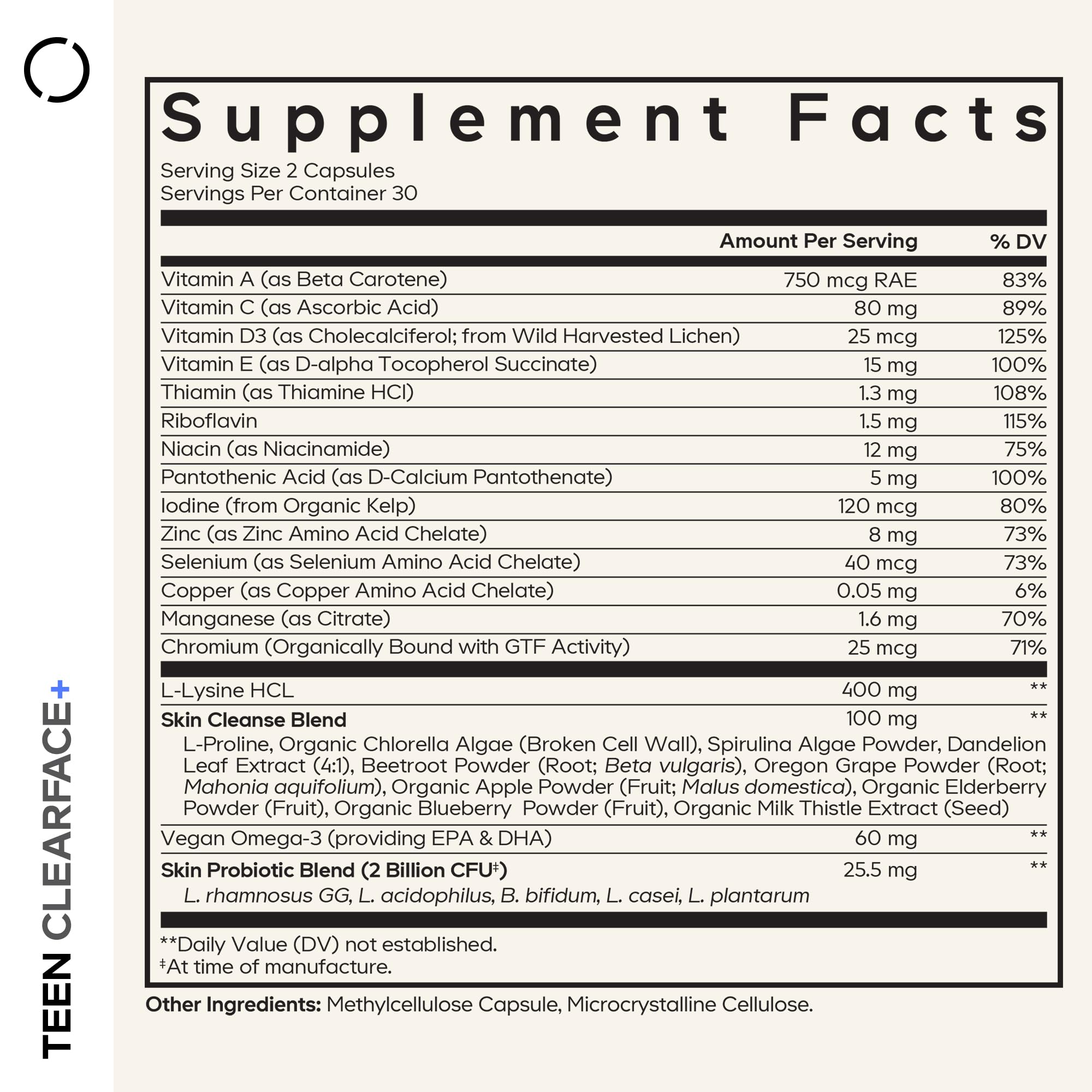 Codeage Teen Clearface Adolescent Face, Skin & Pimples, Vitamins A, C, D3, E, Pantothenic Acid, Niacin, Zinc Supplement Teenagers, Probiotics, L-Lysine, Omega-3, Oily Skin, Pores, Spots - 60 Capsules CodeageBuy Supplements Australia