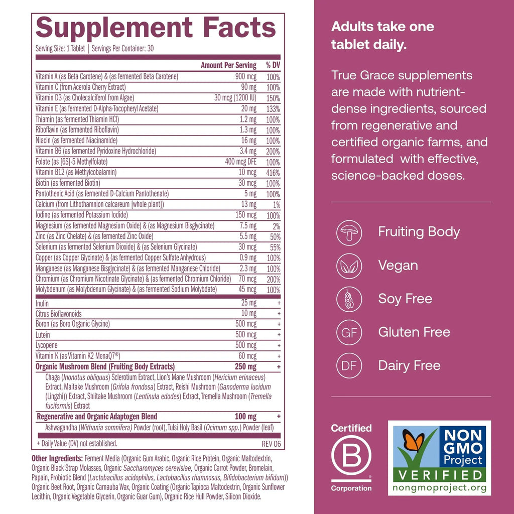 True Grace One Daily Women’s Multivitamin 40+ Fermented Minerals, Organic Adaptogens & Mushrooms Energy, Immune, Bone Support True Grace
