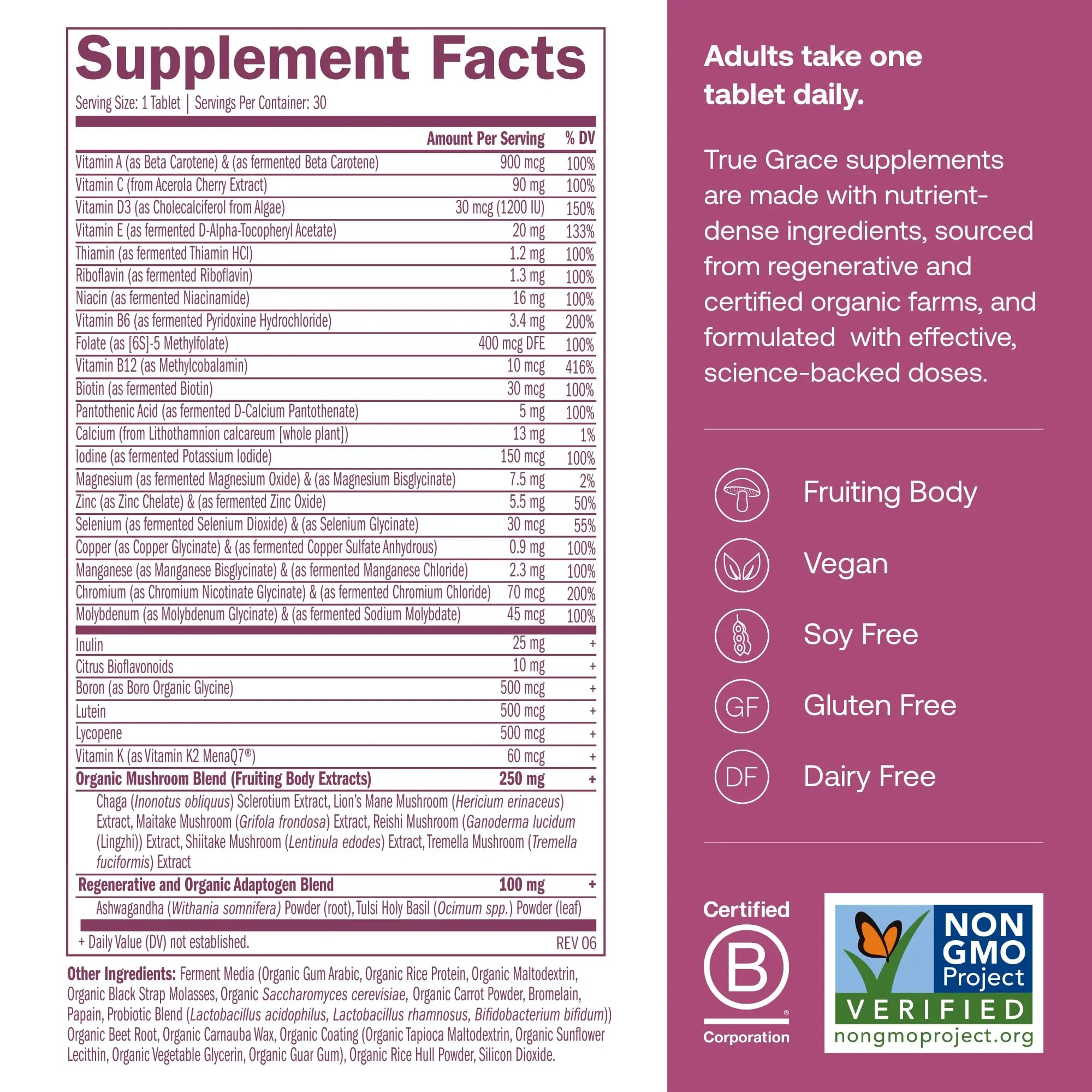 True Grace One Daily Women’s Multivitamin 40+ Fermented Minerals, Organic Adaptogens & Mushrooms Energy, Immune, Bone Support True Grace