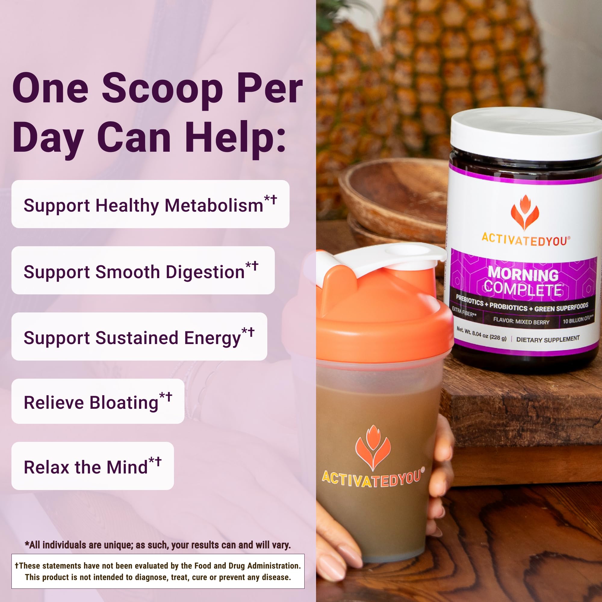 ActivatedYou Morning Complete Super Greens Powder Drink Mix - Gut Health Boost with Prebiotics, Probiotics, & Antioxidants - 10 Billion CFUs, Mixed Berry Flavor