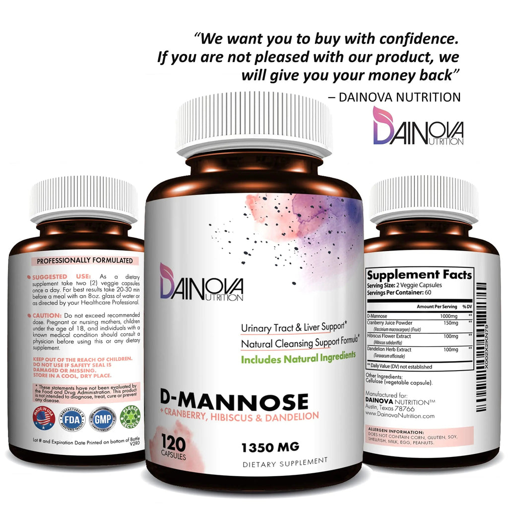 Dainova D Mannose 1350mg with Cranberry I D-Mannose Capsules for UTI Prevention, Urinary Tract Support, Urinary Tract Health for Women, & Cleanse. W/Hibiscus & Dandelion, 120 Veggie Capsules Dainova NutritionBuy Supplements Australia