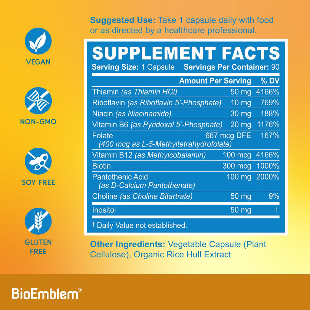 BioEmblem Vitamin B-Complex - All 8 Active Forms with Methyl Folate, Methyl B12, B6, Biotin Plus Choline Inositol, Supports Energy, Metabolism, Brain, Heart Health