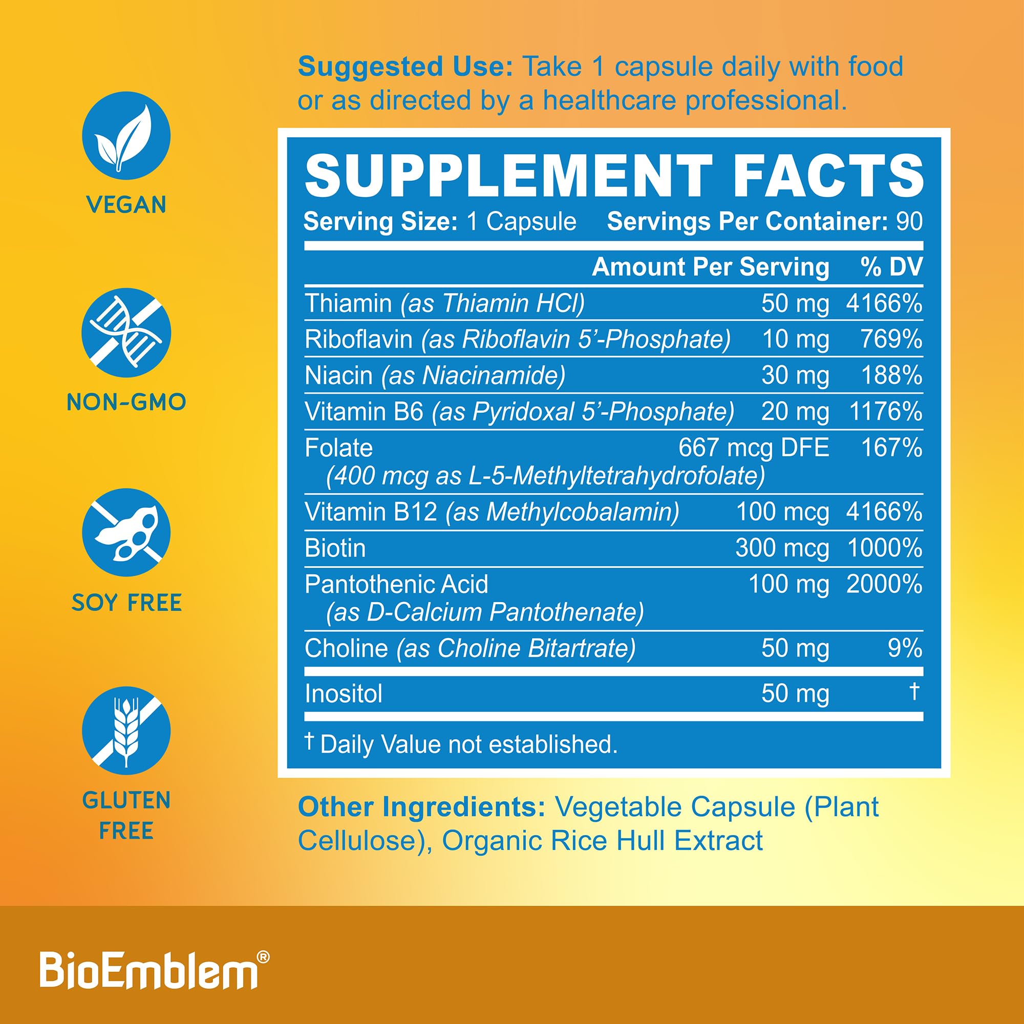 BioEmblem Vitamin B-Complex - All 8 Active Forms with Methyl Folate, Methyl B12, B6, Biotin Plus Choline Inositol, Supports Energy, Metabolism, Brain, Heart Health