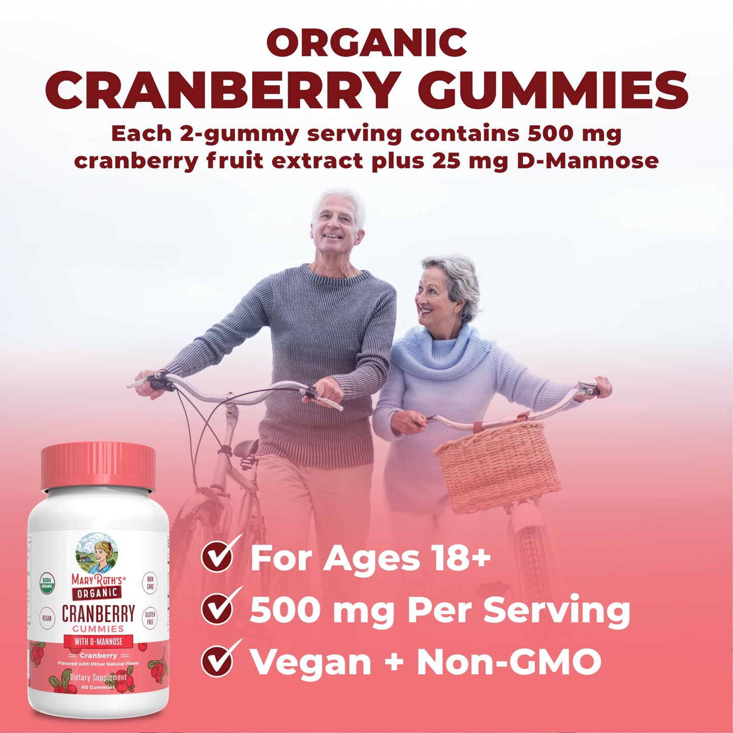 MaryRuth Organics Organic Cranberry Gummies - 500mg Supplement | Urinary Tract Health for Women | with D Mannose | Traditional Use