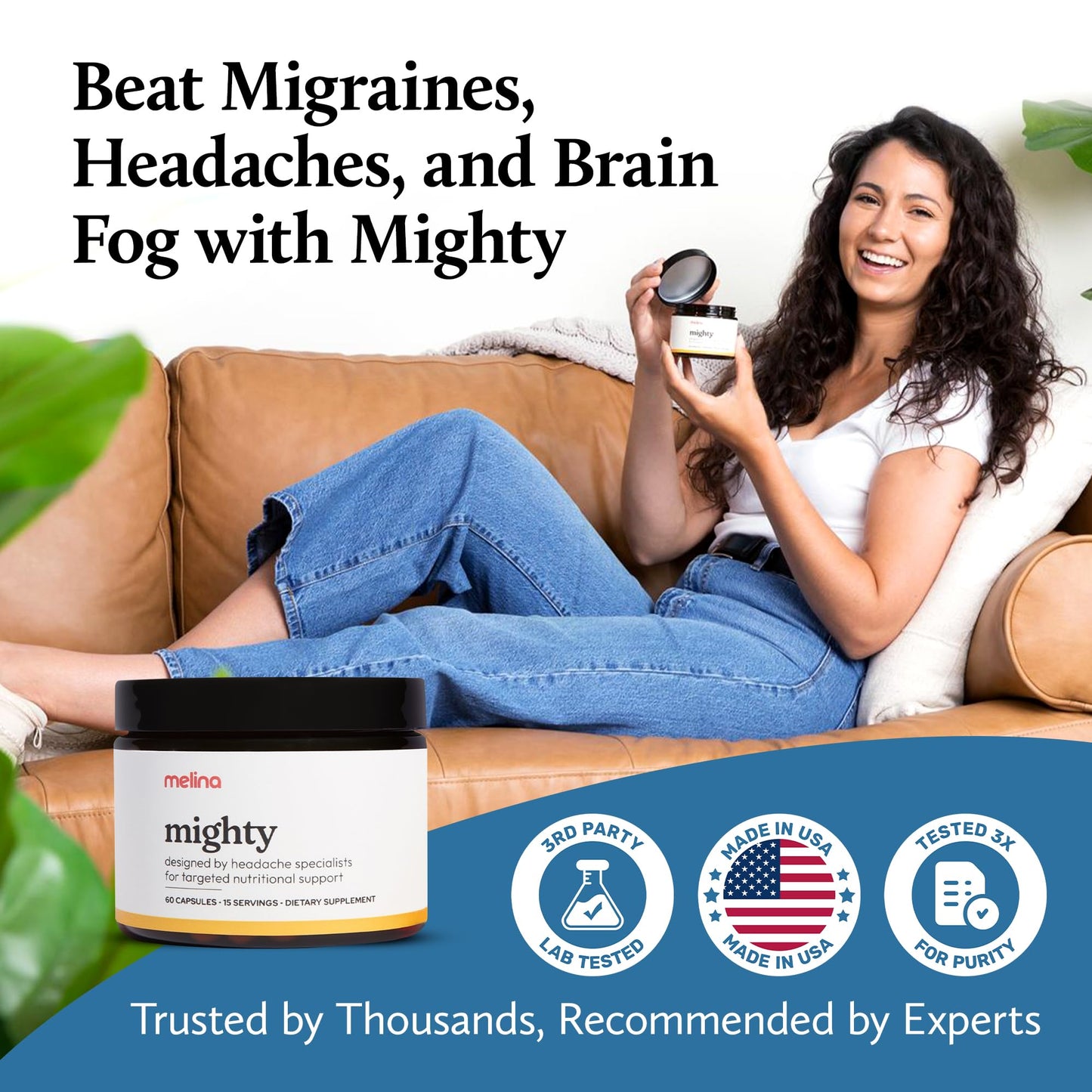 Melina Mighty Natural Migraine Relief Supplement - Magnesium, B2 Riboflavin 400mg, Feverfew, CoQ-10, ALCAR to Strengthen Migraine and Headache Prevention - 15 Servings (60 Caps) MelinaBuy Supplements Australia