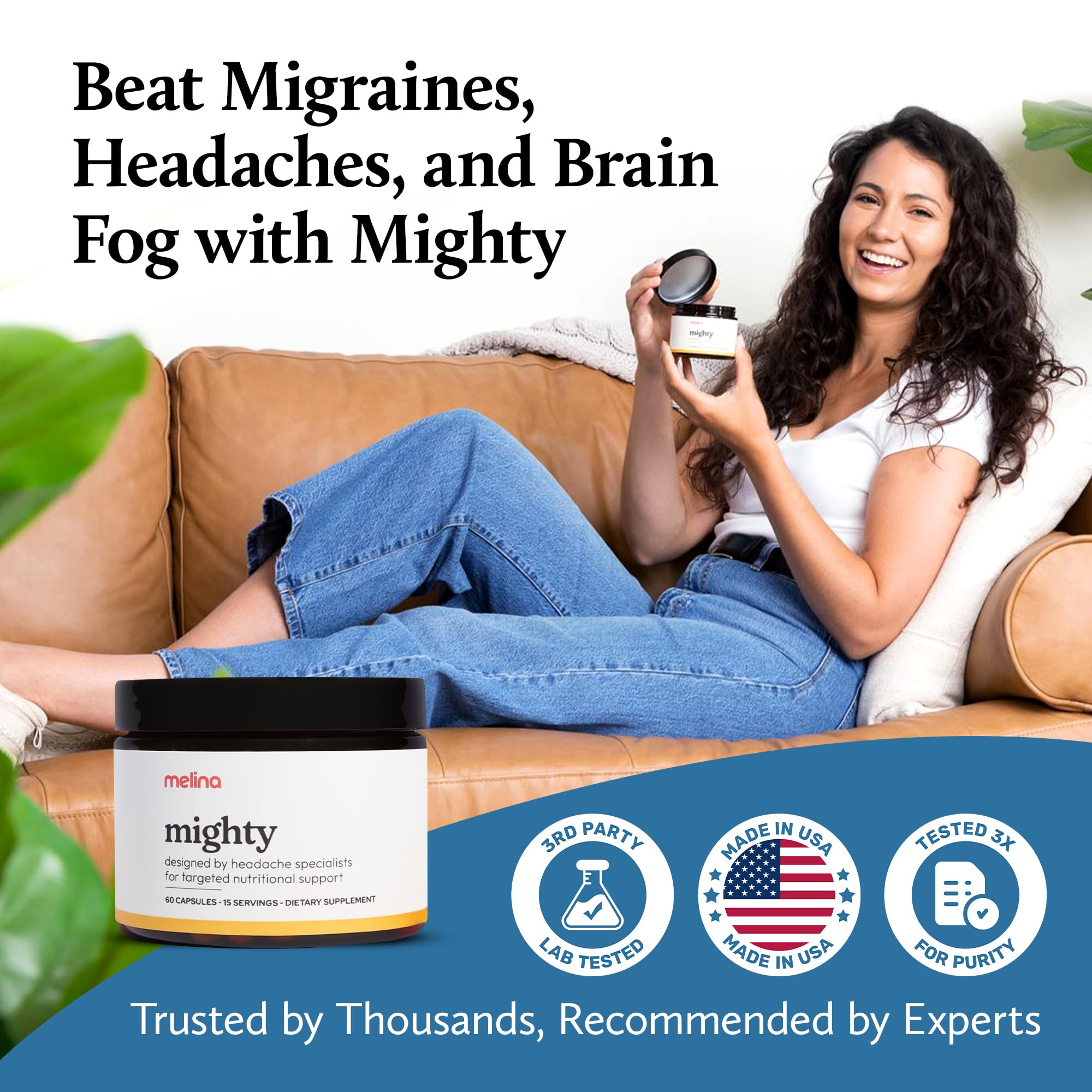 Melina Mighty Natural Migraine Relief Supplement - Magnesium, B2 Riboflavin 400mg, Feverfew, CoQ-10, ALCAR to Strengthen Migraine and Headache Prevention - 15 Servings (60 Caps) MelinaBuy Supplements Australia