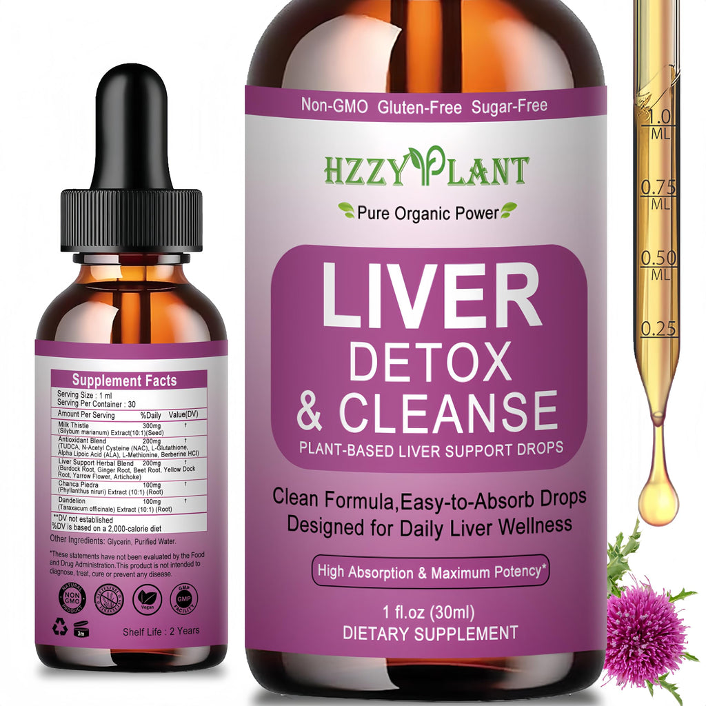 Liver detox and cleanse supplement with dropper bottle on a white background