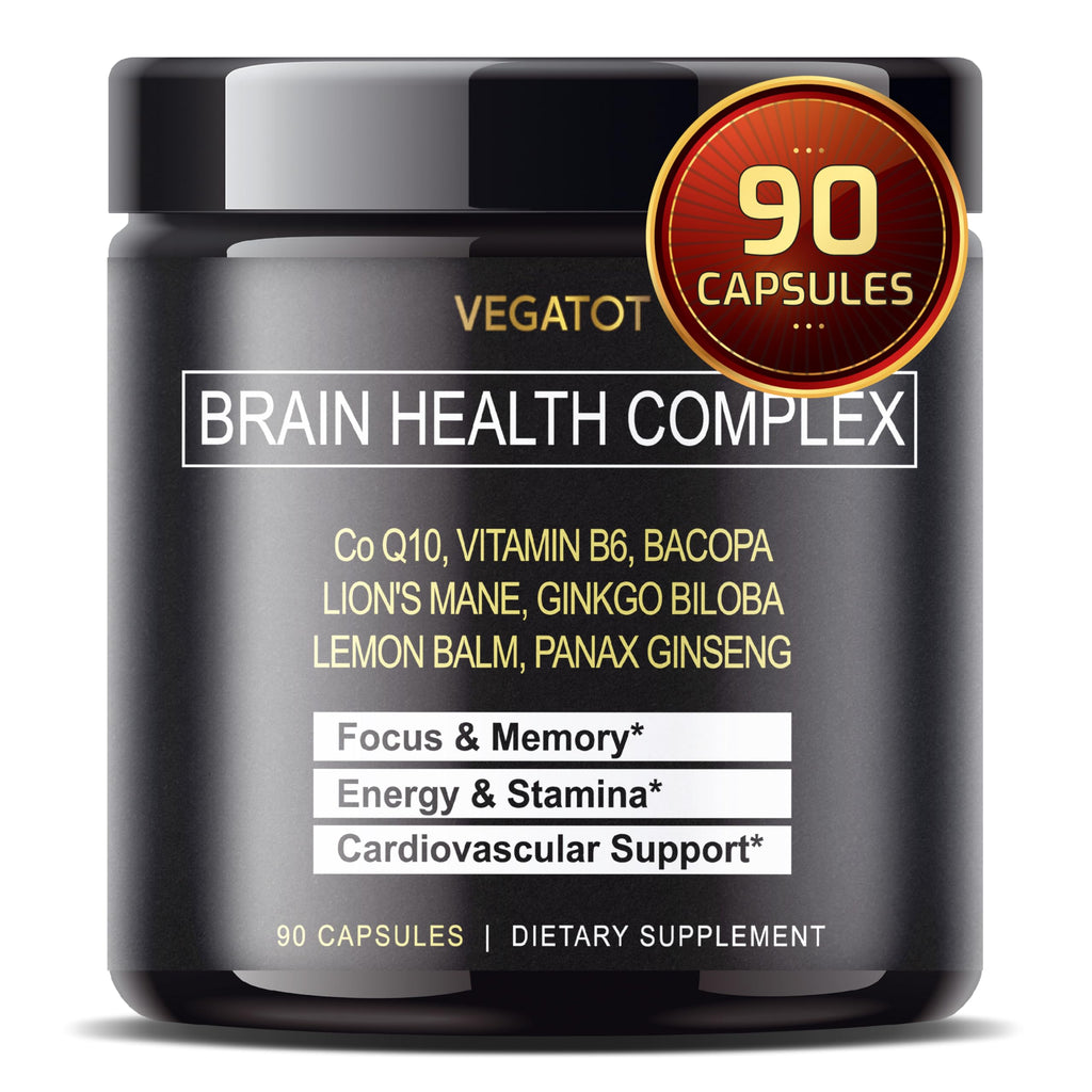 VEGATOT Brain Booster Brain Health Complex Supplement Concentrated with CoQ-10 VIT B6 Lion's Mane Ginkgo Biloba Lemon Balm Ginseng