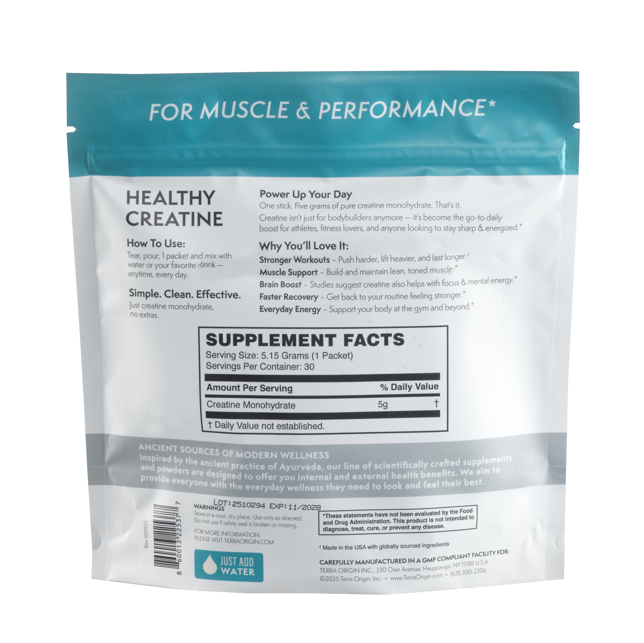 TERRA ORIGIN Healthy Creatine Micronized Monohydrate Powder | 30 Stick Packs | Support for Muscle and Cognitive Performance* | Supplement for Women and Men