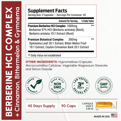 ForestLeaf Berberine Supplement - 1300mg per Serving - Ultra High Potency Berberine HCl with Ceylon Cinnamon, Bitter Melon & Gymnema