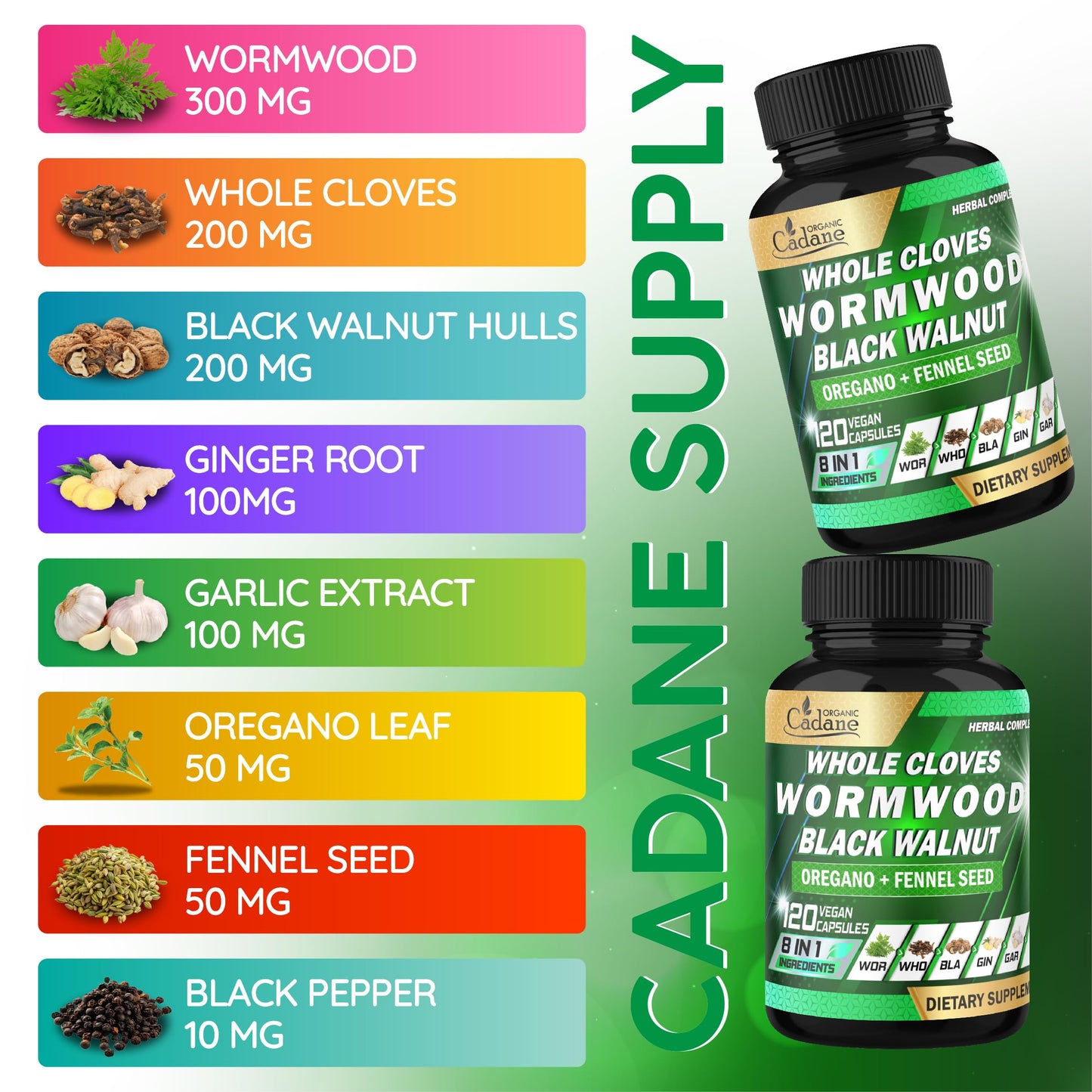 Cadane Wormwood Whole Cloves Black Walnut with Ginger, Garlic, Oregano, Fennel & Black Pepper | Digestive & Wellness Support | 120 Capsules – 60-Day Organic CadaneBuy Supplements Australia