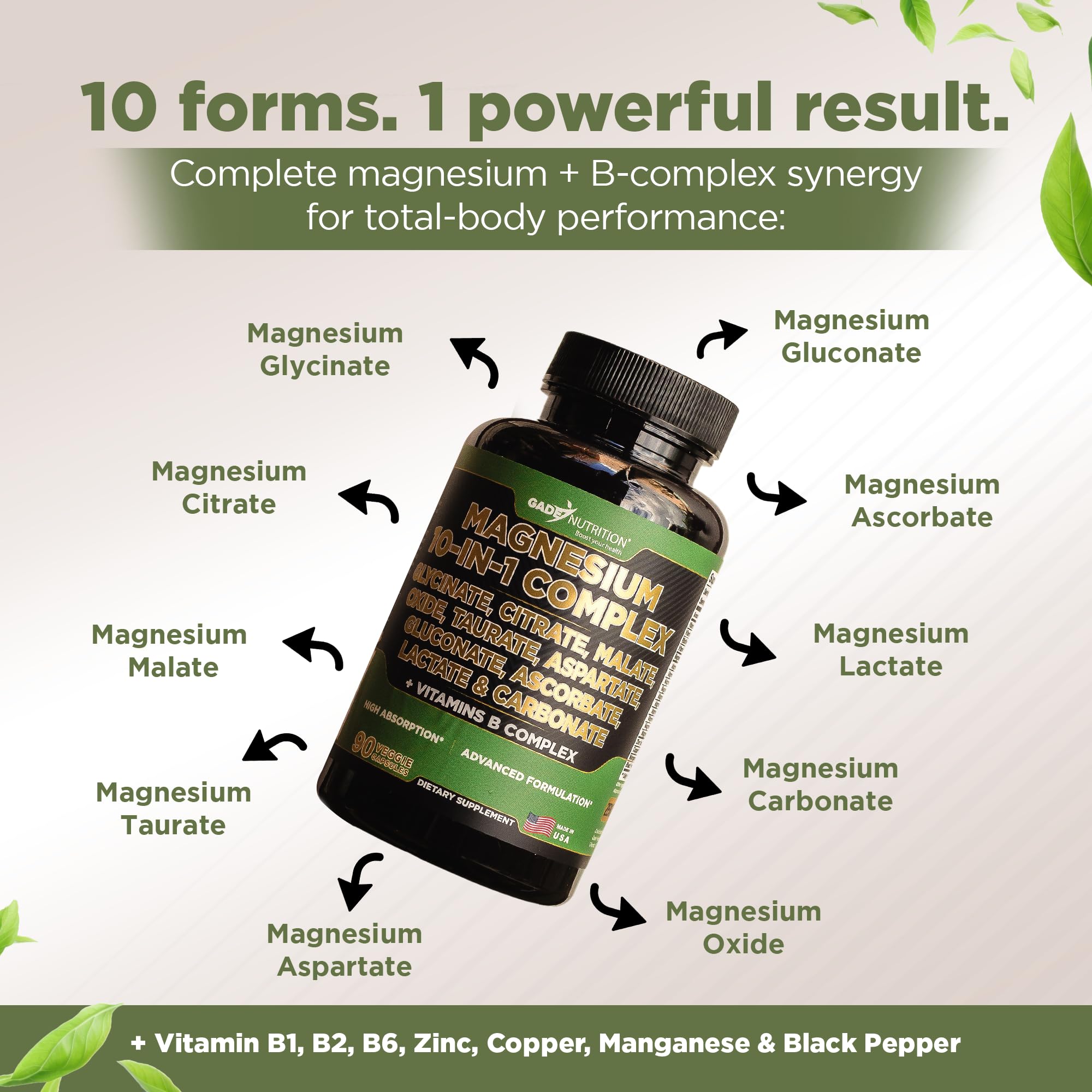 Gade Nutrition Magnesium Complex 10 in 1 - Glycinate, Citrate, Malate, Oxide, Taurate, Aspartate, Gluconate Ascorbate Lactate Carbonate Zinc Copper Manganese & Vitamins 90 Count GADE NUTRITION BOOST YOUR HEALTH buy supplements Au