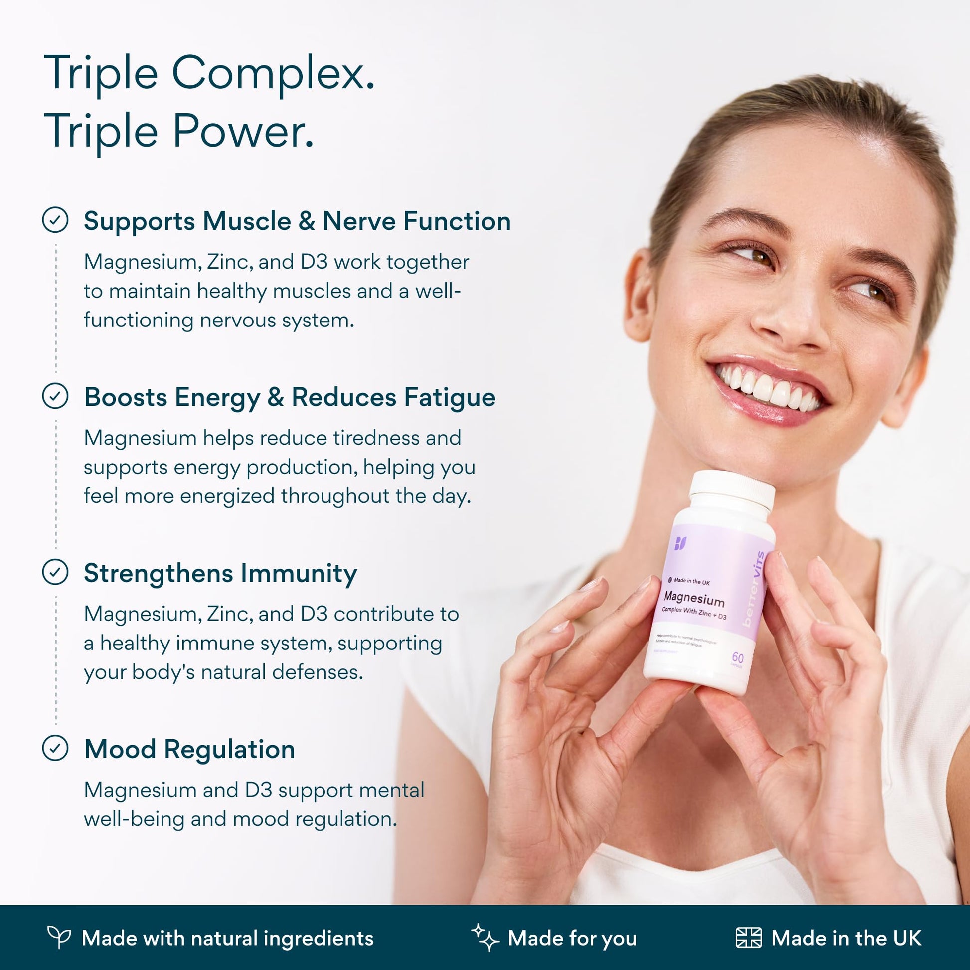 Bettervits Magnesium Glycinate Complex with Citrate Malate Zinc & Vitamin D3 | High Absorption Pure Magnesium 225mg Supplement Chelated Formula for Muscle Relaxation, Sleep Support – 60 Capsules Bettervits buy supplements Au