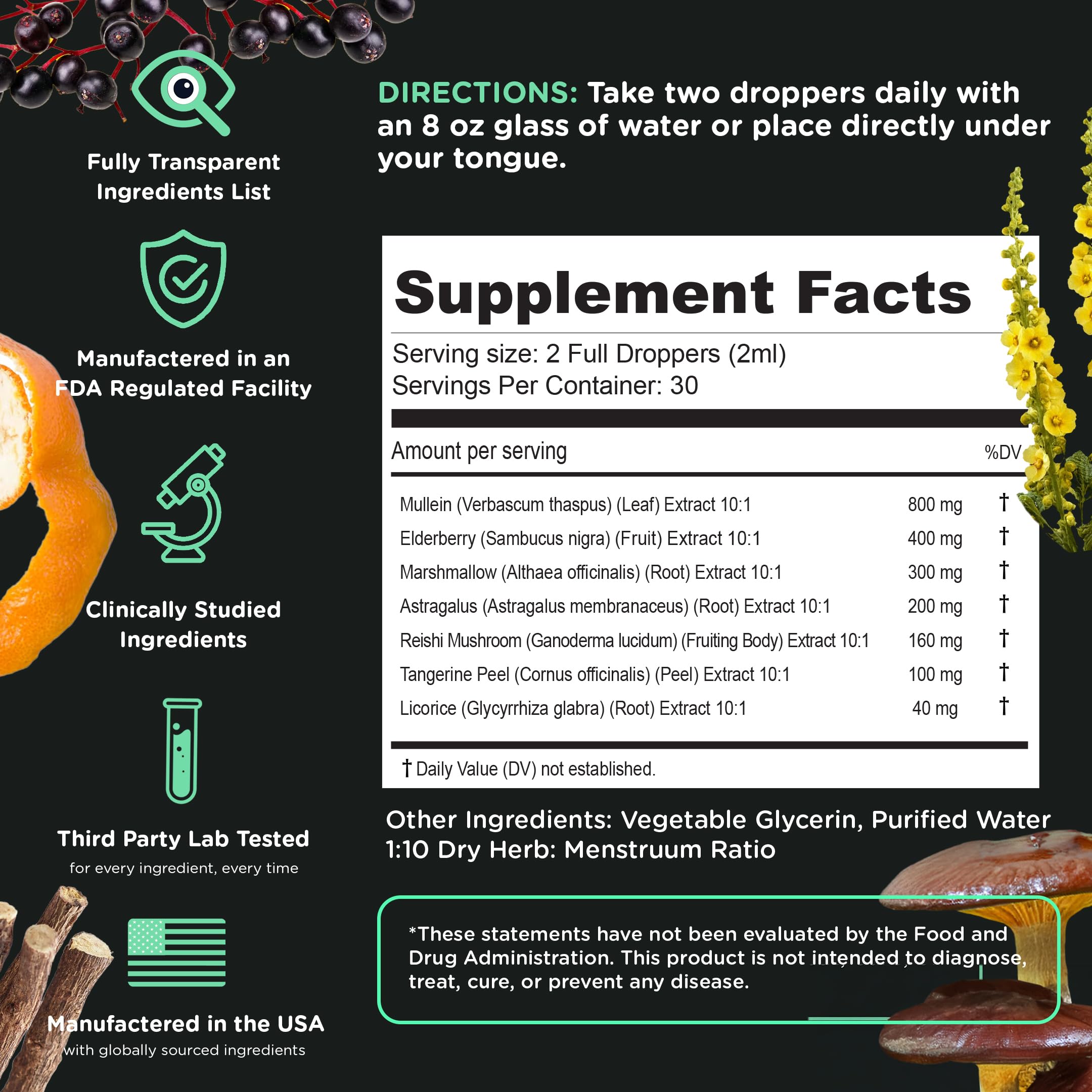 SuperBonsai Super Lungs Mullein Drops – Herbal Lung Support Tincture with Mullein Leaf Extract Elderberry Reishi Marshmallow Root