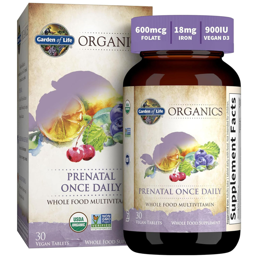 Garden of Life Organics Prenatal Once Daily supplement bottle and packaging.