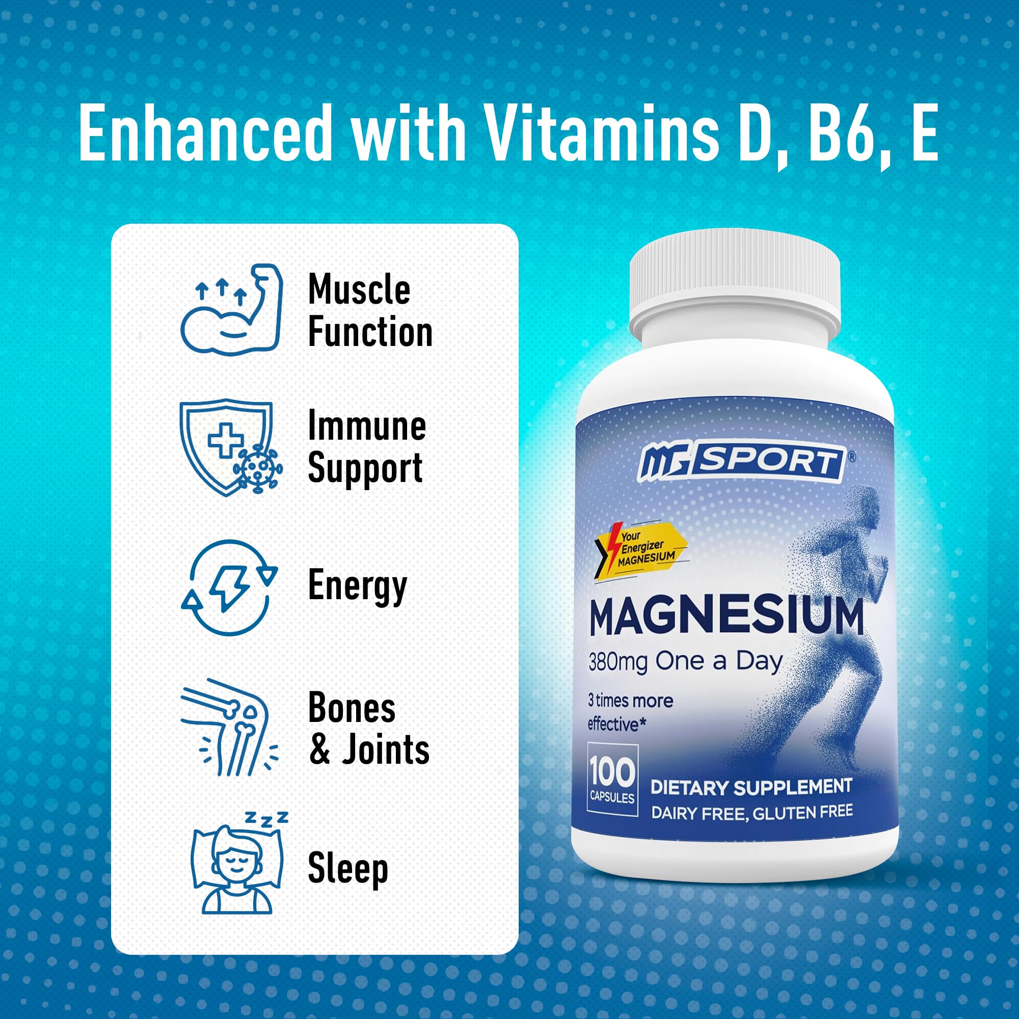 MGSPORT Magnesium Supplement 380mg - High Absorption Magnesium Complex Formula with Vitamins B6, D, E - Supports Muscle Function and Sleep Quality - 100 Servings MgSport buy supplements Au