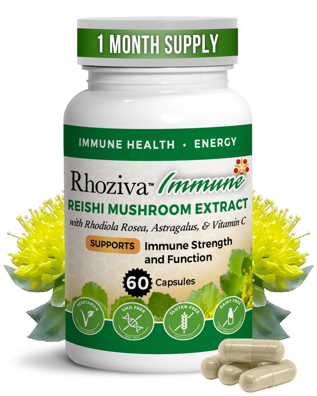 Bottle of Rhoziva Immune Reishi Mushroom Extract with capsules on a white background
