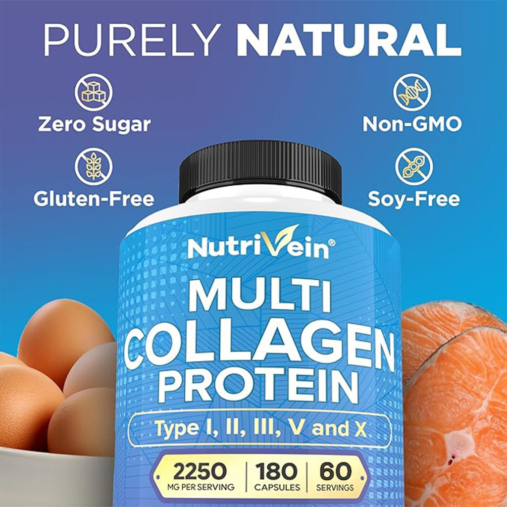 Nutrivein Premium Multi Collagen Pills 2250 mg - 180 Easy-to-Swallow Collagen Capsules: Type I, II, III, V, X Hydrolyzed Protein Peptides for Women and Men