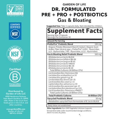 Garden of Life Dr. Formulated Pre, Post & Probiotics Gas & Bloating Once Daily 3-in-1 Complete Prebiotics, Postbiotics & Probiotics – 50 Billion CFU