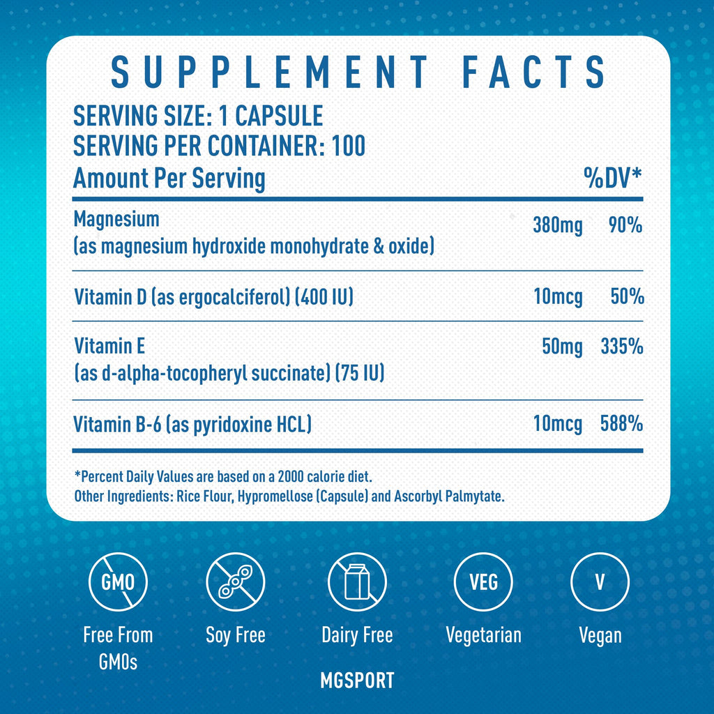 MGSPORT Magnesium Supplement 380mg - High Absorption Magnesium Complex Formula with Vitamins B6, D, E - Supports Muscle Function and Sleep Quality - 100 Servings MgSport buy supplements Au