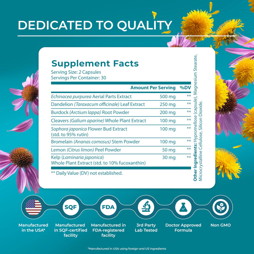 PUREHEALTH RESEARCH Lymph System Support - Lymphatic Drainage Supplement for Women & Men - Bromelain, Echinacea, Dandelion, Burdock Root, Lemon Powder, Kelp, Cleavers & More - 60 Capsules PUREHEALTH RESEARCH buy supplements Au