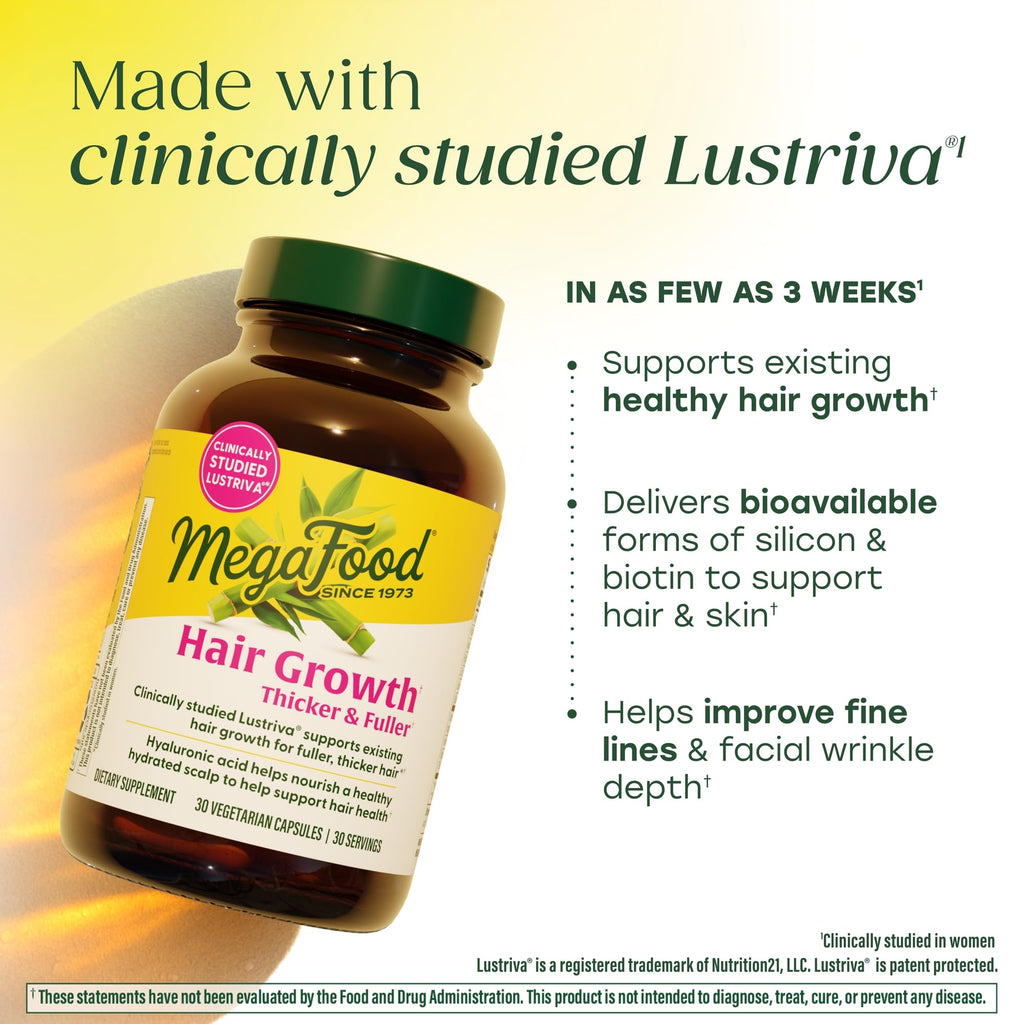 MegaFood Hair Growth – Clinically Studied Lustriva & Hyaluronic Acid - Biotin 10000mcg, Thicker & Fuller Existing Hair Growth Vitamins - 30 Vegetarian Capsules, 30 Servings MegaFood buy supplements Au