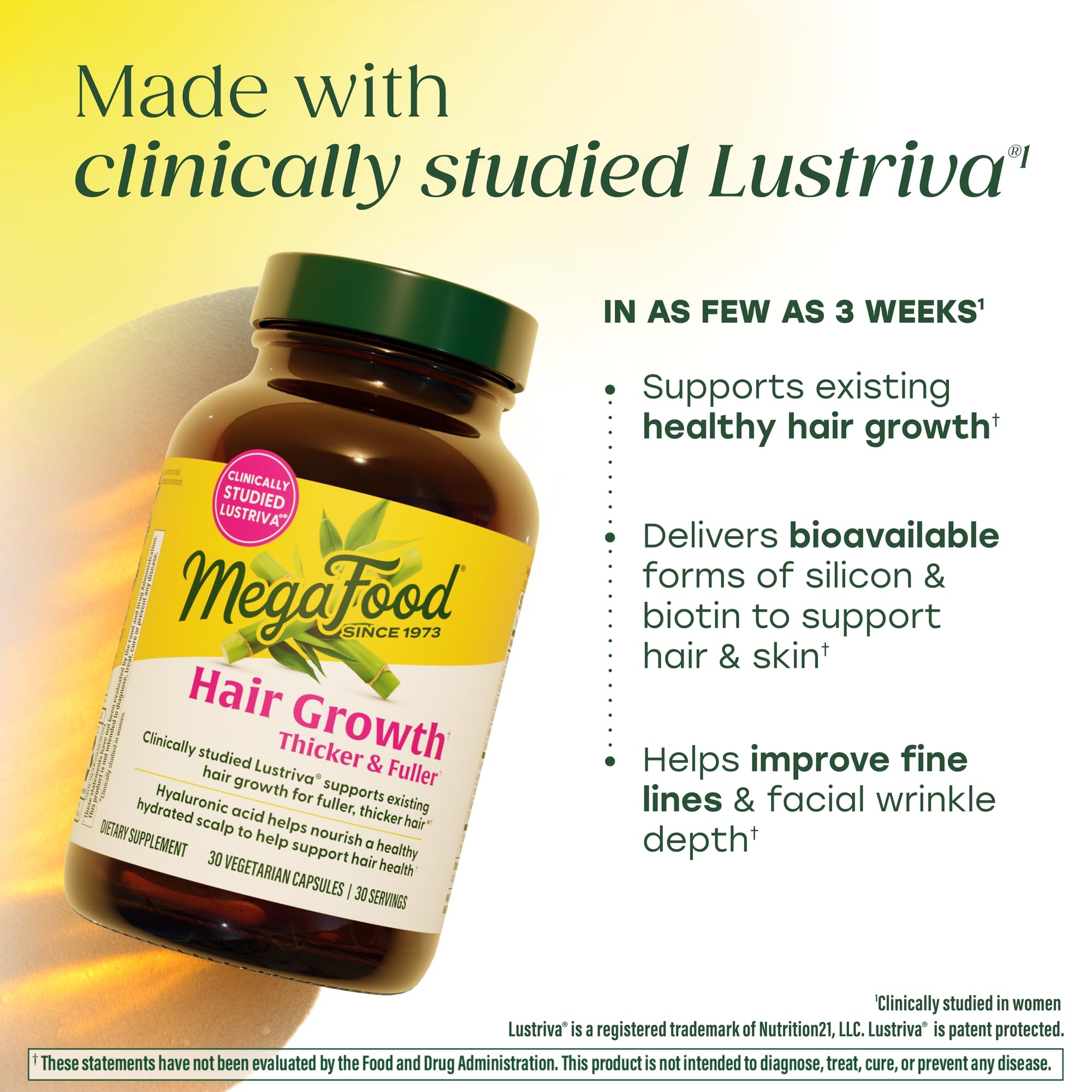 MegaFood Hair Growth – Clinically Studied Lustriva & Hyaluronic Acid - Biotin 10000mcg, Thicker & Fuller Existing Hair Growth Vitamins - 30 Vegetarian Capsules, 30 Servings MegaFood buy supplements Au